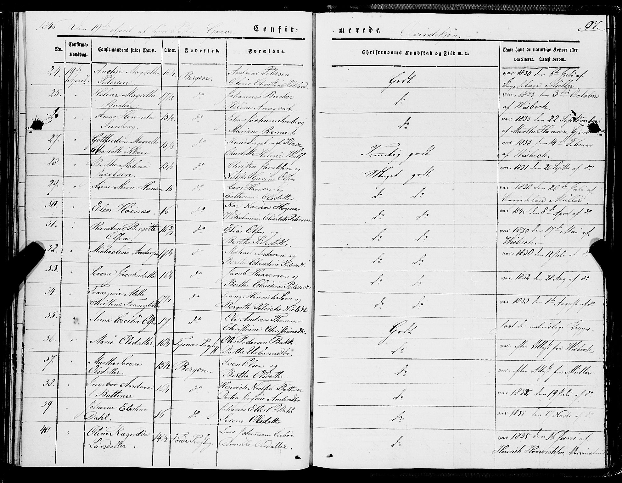 Domkirken sokneprestembete, SAB/A-74801/H/Haa/L0027: Parish register (official) no. C 2, 1841-1852, p. 97