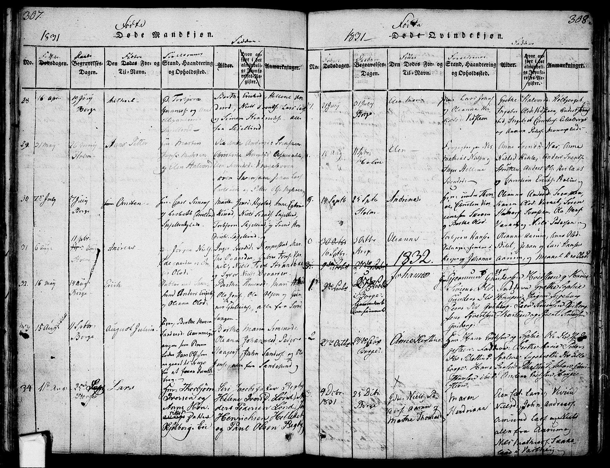 Borge prestekontor Kirkebøker, AV/SAO-A-10903/F/Fa/L0003: Parish register (official) no. I 3, 1815-1836, p. 307-308