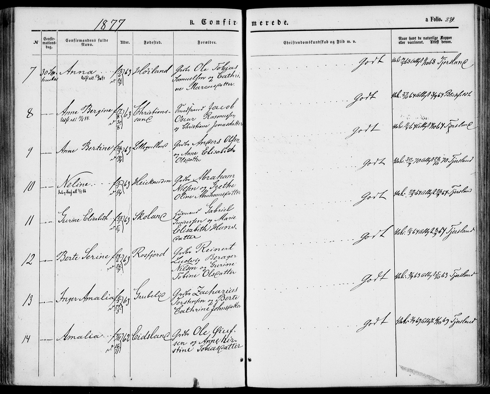 Lyngdal sokneprestkontor, SAK/1111-0029/F/Fa/Fac/L0010: Parish register (official) no. A 10, 1865-1878, p. 239