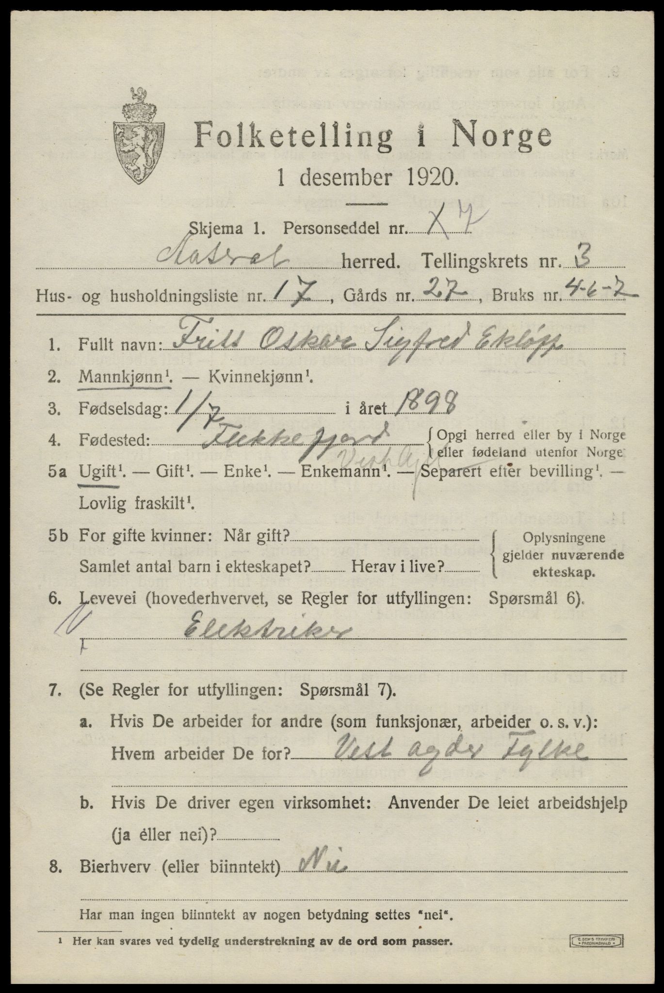 SAK, 1920 census for Åseral, 1920, p. 1158