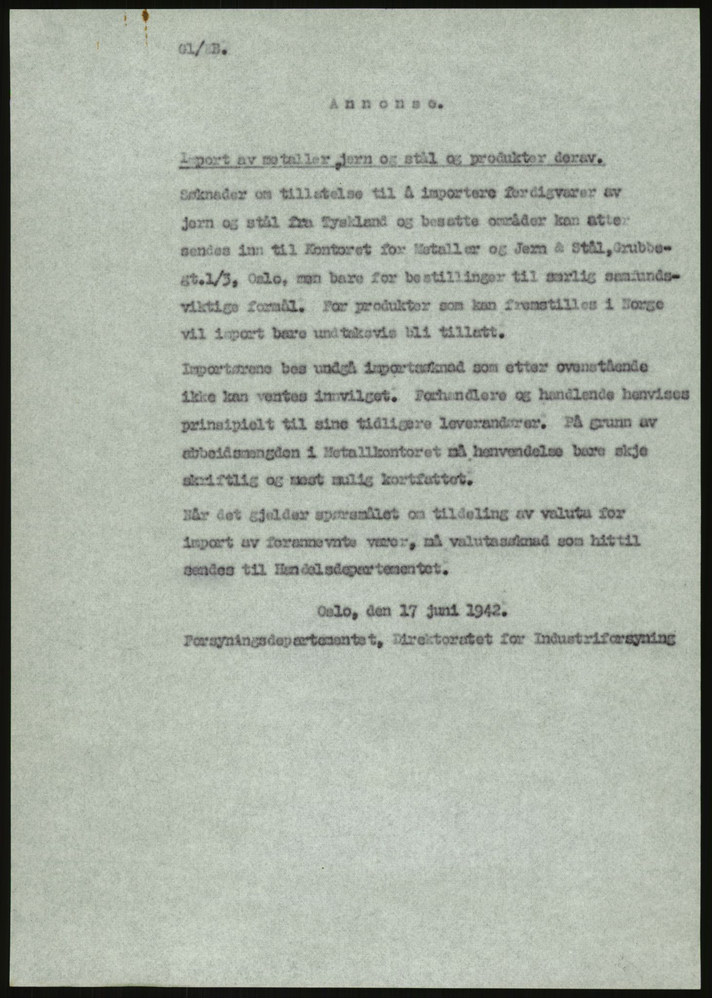 Direktoratet for industriforsyning, Sekretariatet, AV/RA-S-4153/D/Df/L0054: 9. Metallkontoret, 1940-1945, p. 1697
