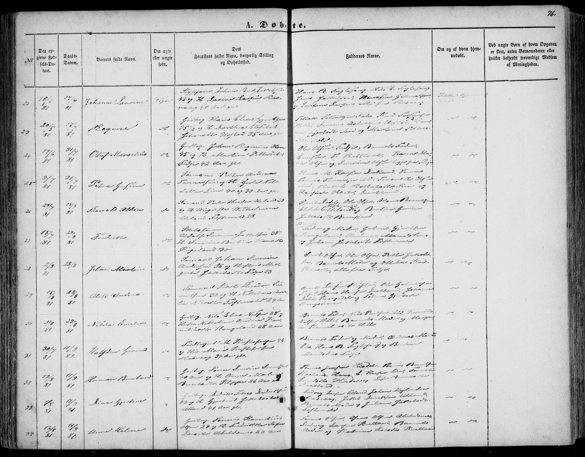 Flekkefjord sokneprestkontor, AV/SAK-1111-0012/F/Fb/Fbb/L0003: Parish register (copy) no. B 3, 1867-1889, p. 76