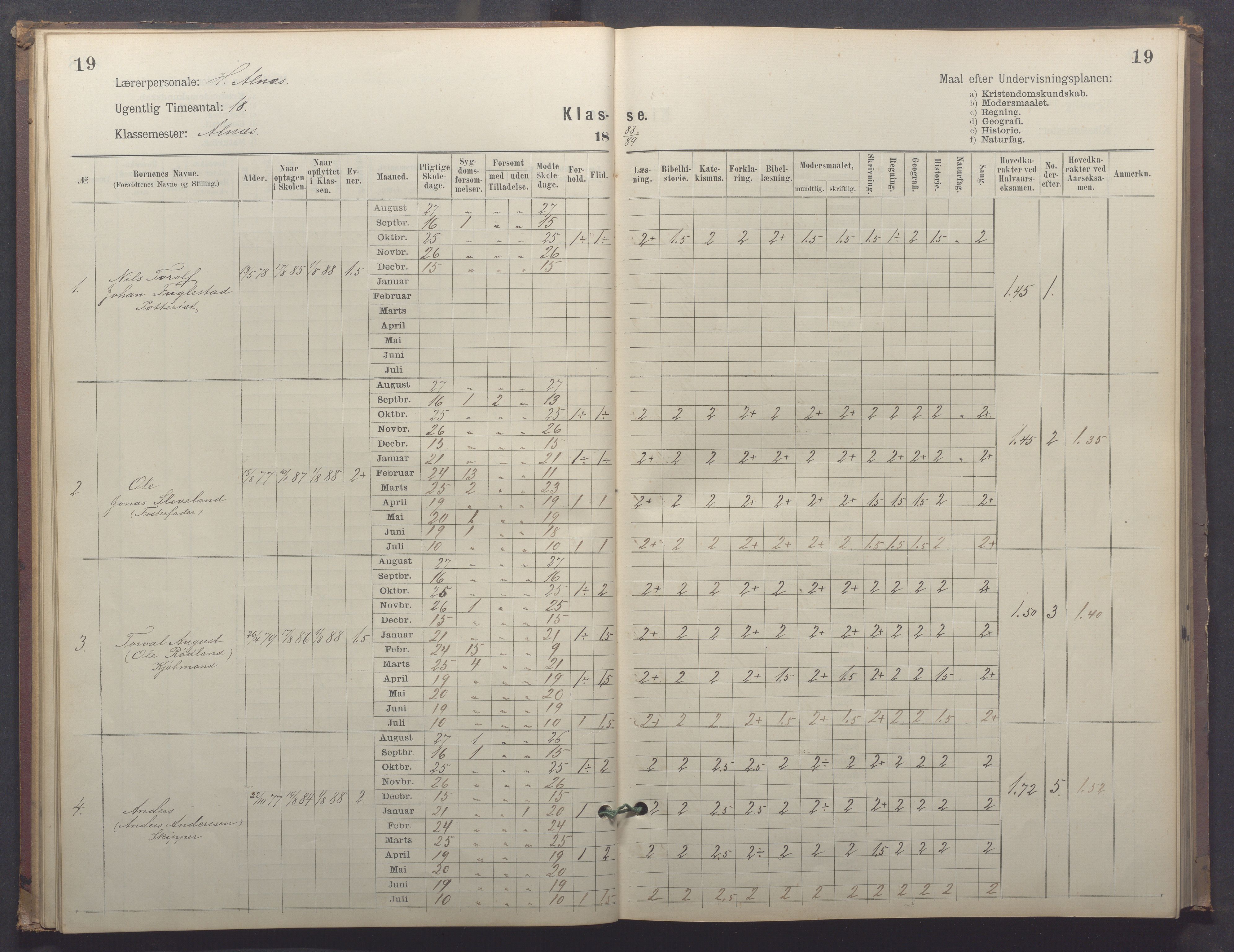 Egersund kommune (Ladested) - Egersund almueskole/folkeskole, IKAR/K-100521/H/L0025: Skoleprotokoll - Almueskolen, 4. klasse, 1887-1892, p. 19