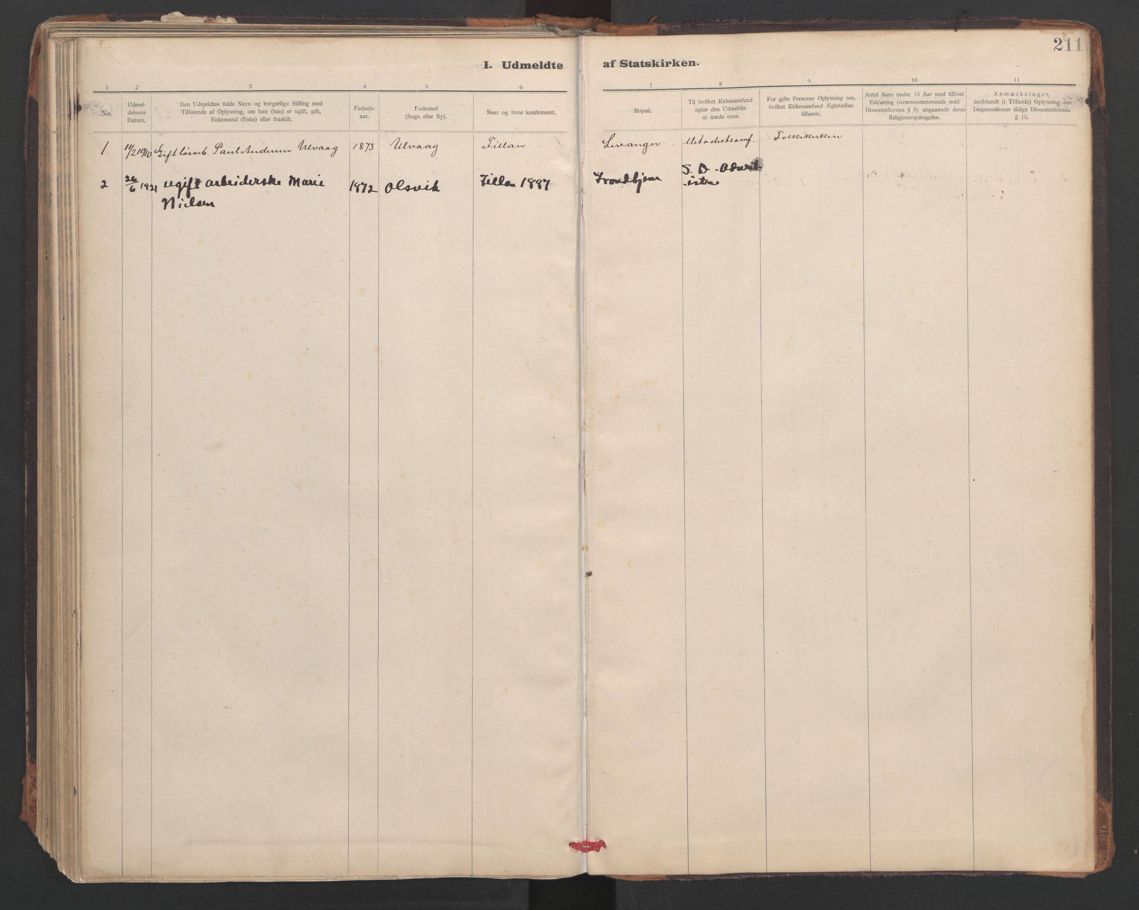 Ministerialprotokoller, klokkerbøker og fødselsregistre - Sør-Trøndelag, SAT/A-1456/637/L0559: Parish register (official) no. 637A02, 1899-1923, p. 211