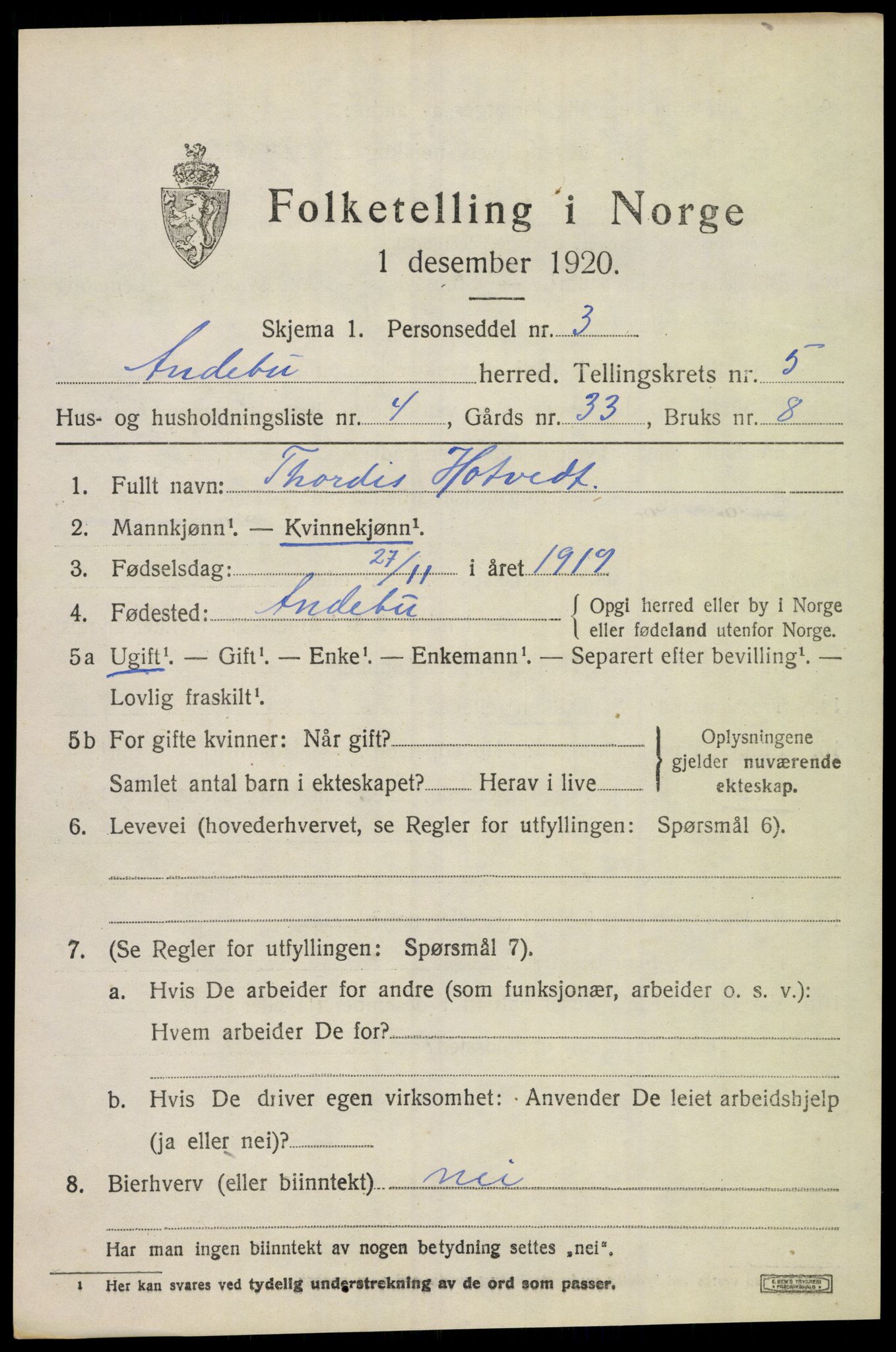 SAKO, 1920 census for Andebu, 1920, p. 2680