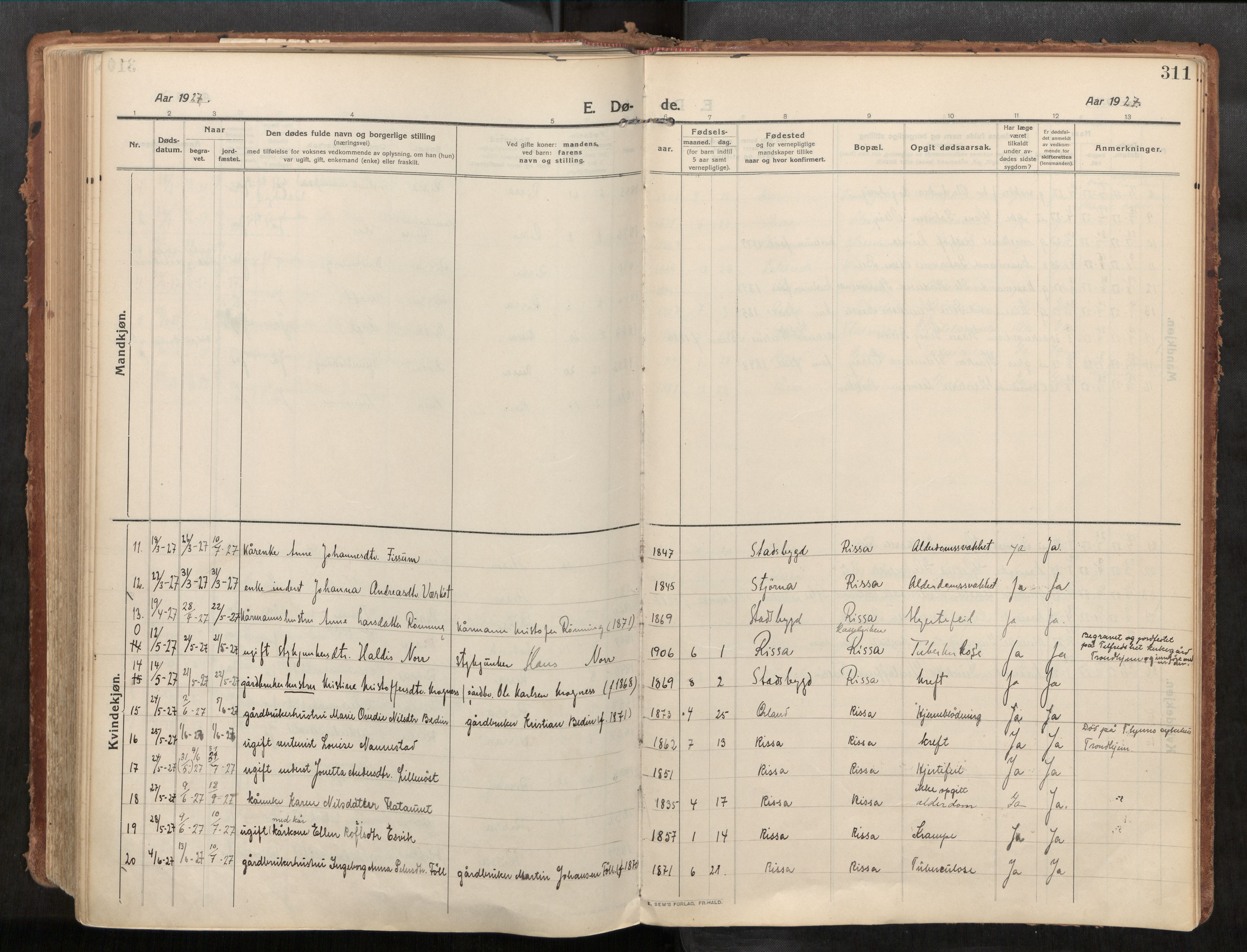 Stadsbygd sokneprestkontor, SAT/A-1117/1/I/I1/I1a/L0001: Parish register (official) no. 1, 1911-1929, p. 311