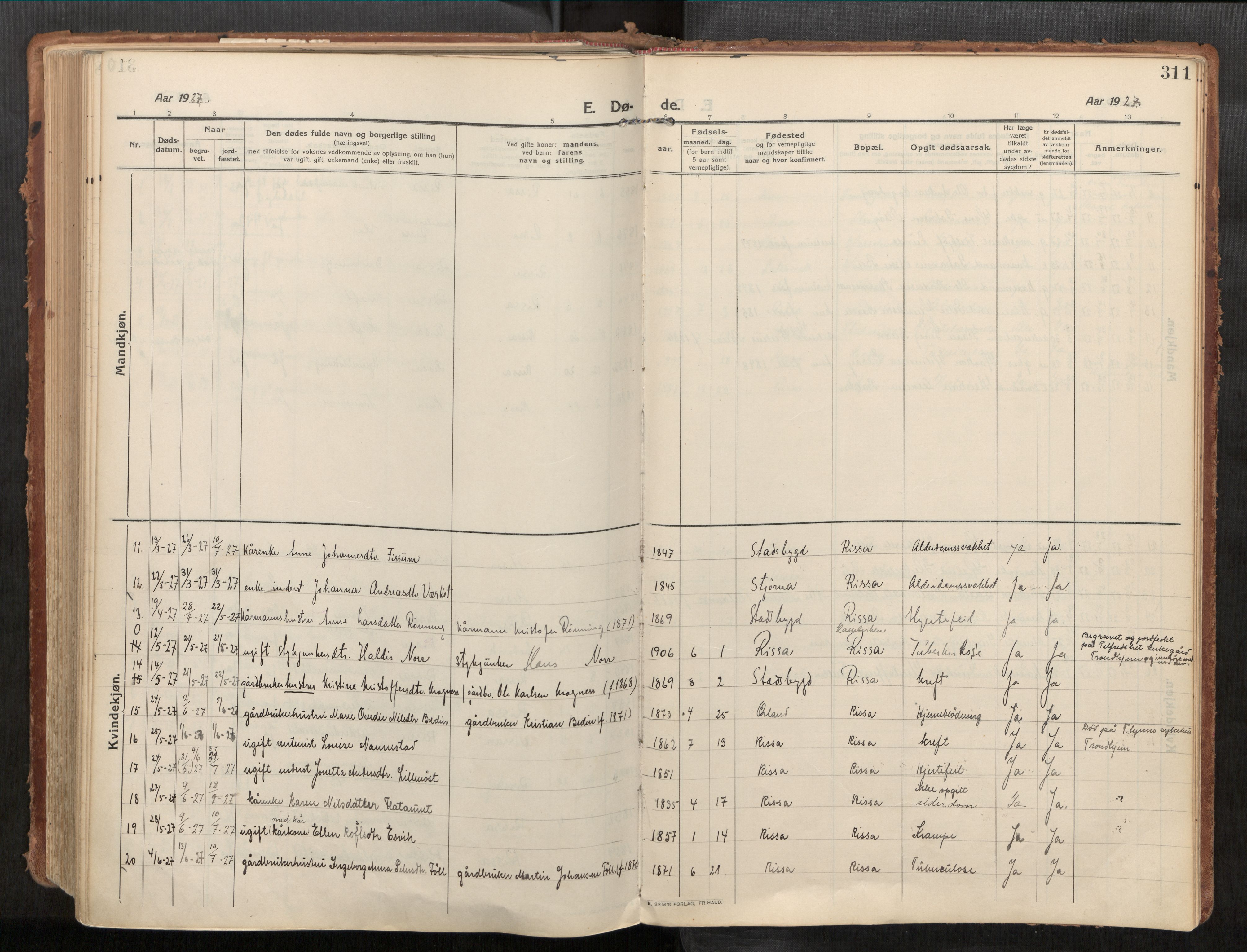 Stadsbygd sokneprestkontor, AV/SAT-A-1117/1/I/I1/I1a/L0001: Parish register (official) no. 1, 1911-1929, p. 311