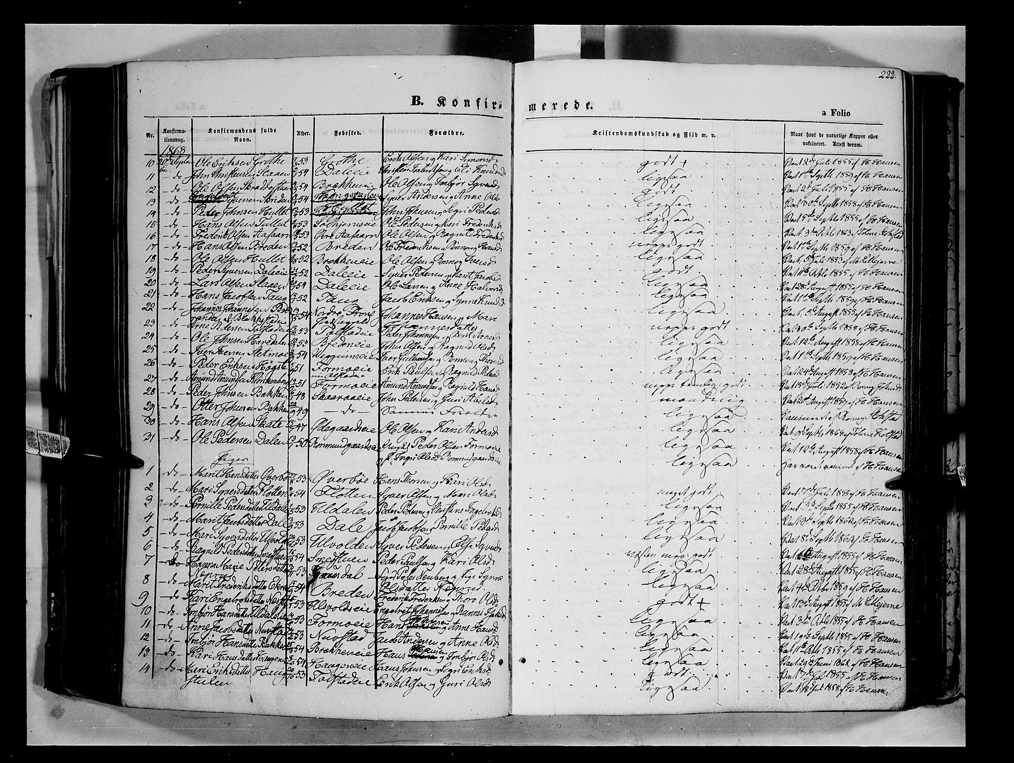 Vågå prestekontor, AV/SAH-PREST-076/H/Ha/Haa/L0006: Parish register (official) no. 6 /1, 1856-1872, p. 222