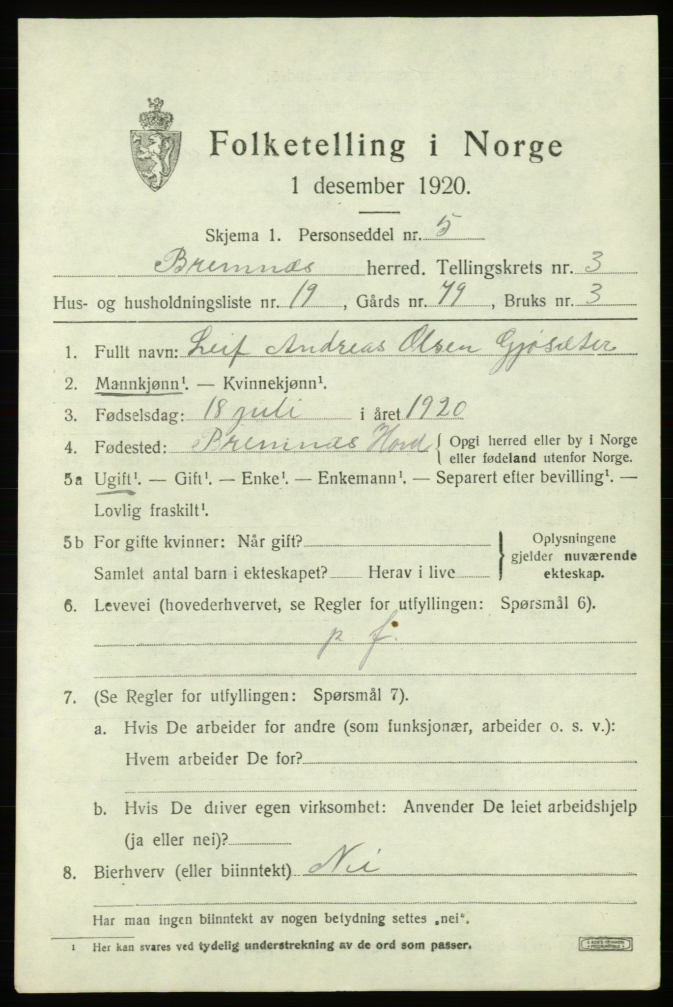 SAB, 1920 census for Bremnes, 1920, p. 1796