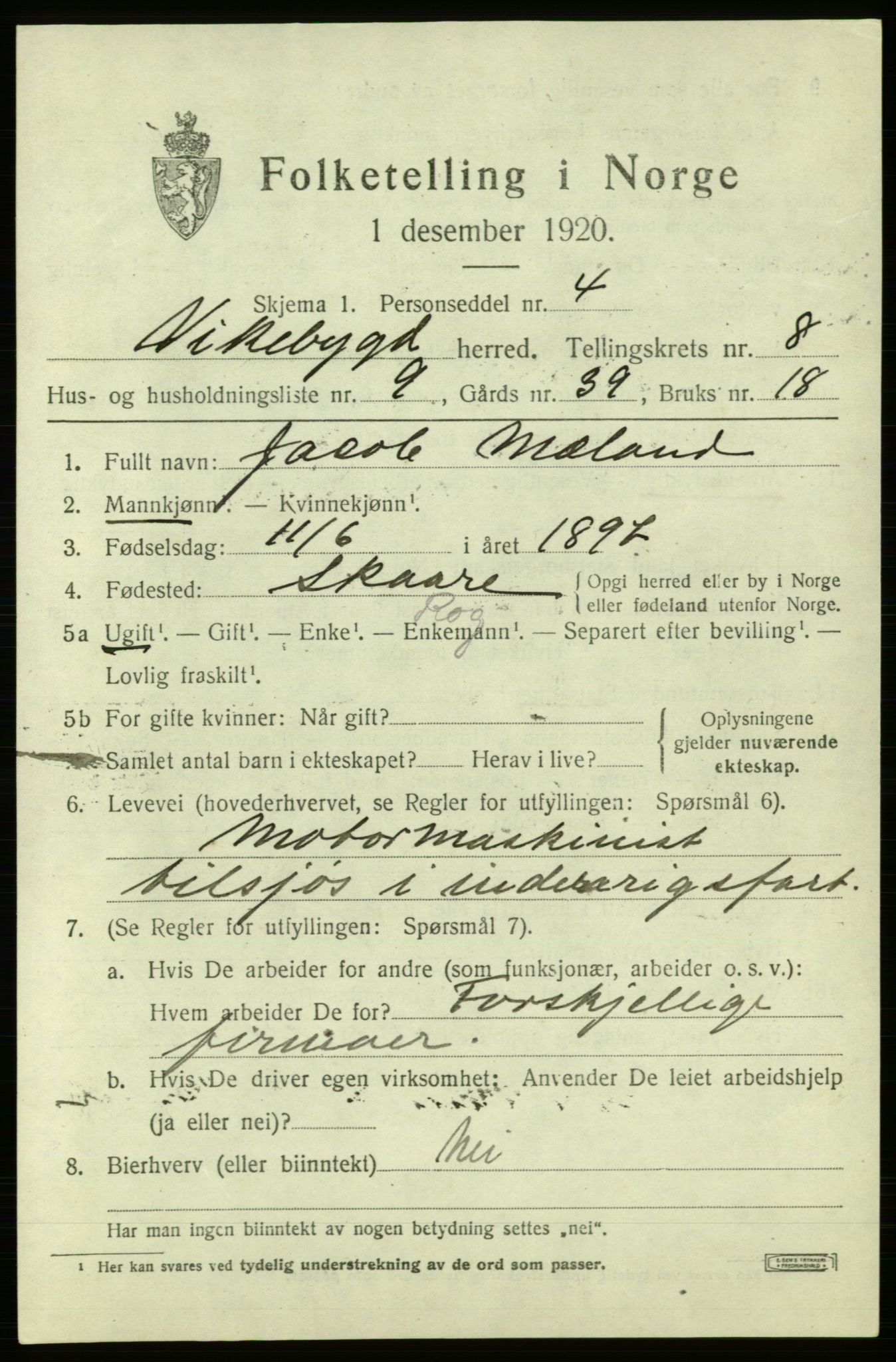 SAB, 1920 census for Vikebygd, 1920, p. 2773