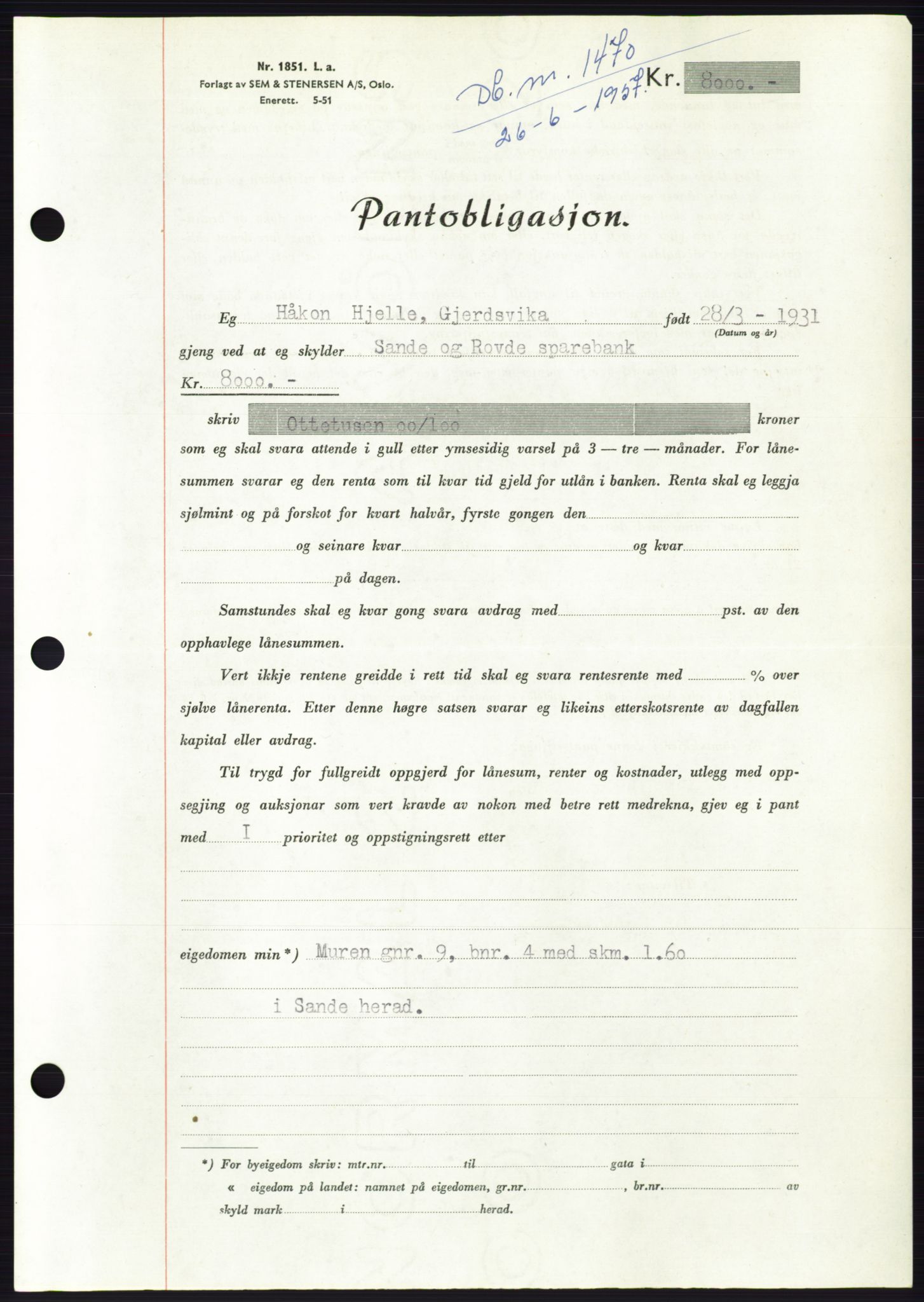 Søre Sunnmøre sorenskriveri, AV/SAT-A-4122/1/2/2C/L0130: Mortgage book no. 18B, 1957-1958, Diary no: : 1470/1957