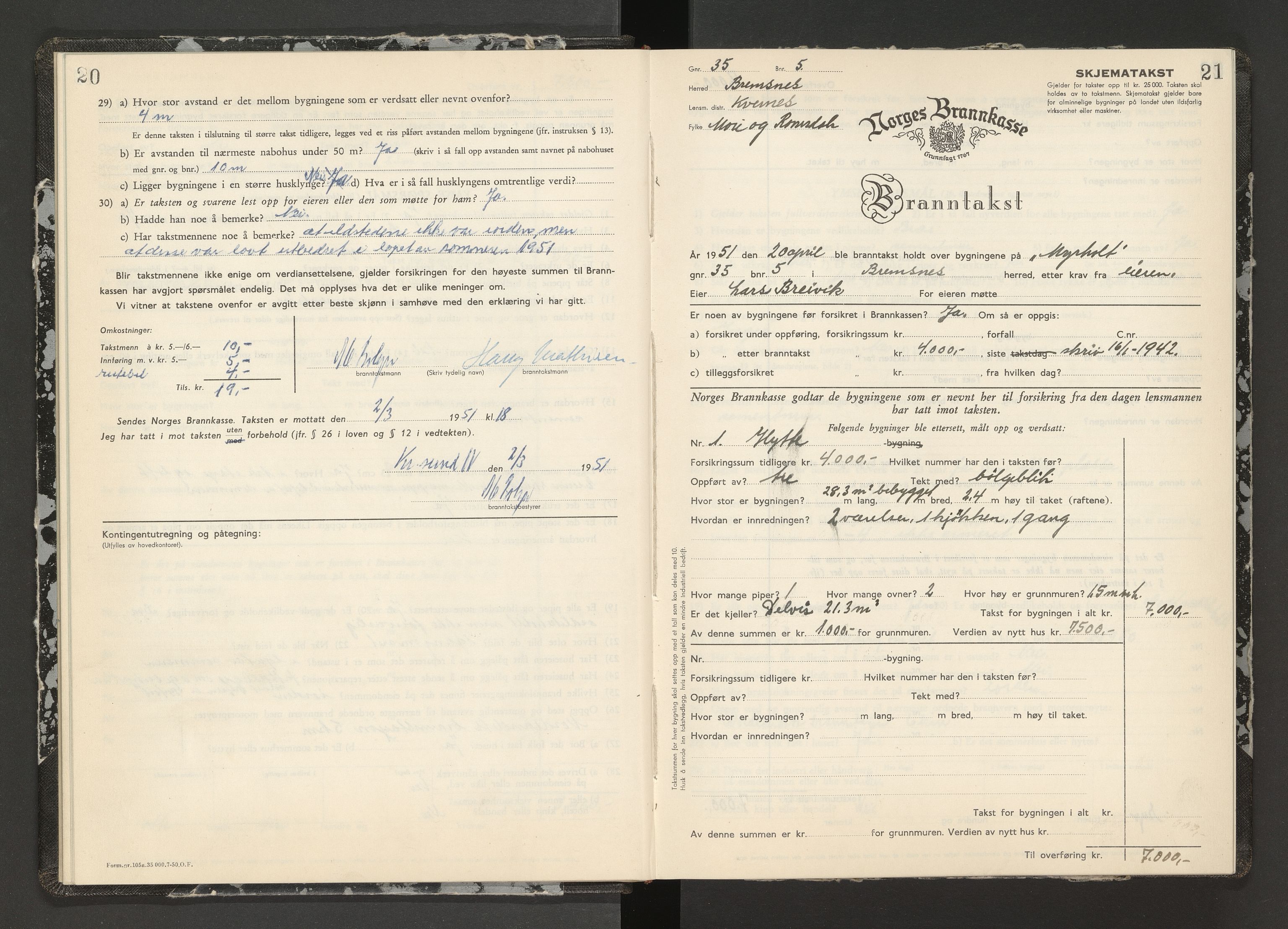 Norges Brannkasse Kristiansund, AV/SAT-A-4776/A/L0024: Branntakstprotokoll - Frei og Bremsnes, 1950-1955, p. 20-21