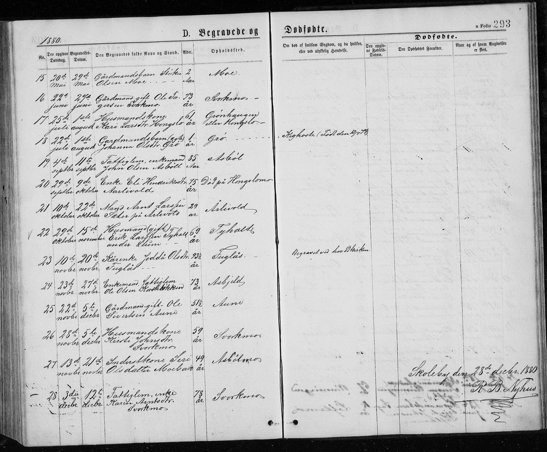 Ministerialprotokoller, klokkerbøker og fødselsregistre - Sør-Trøndelag, SAT/A-1456/671/L0843: Parish register (copy) no. 671C02, 1873-1892, p. 293