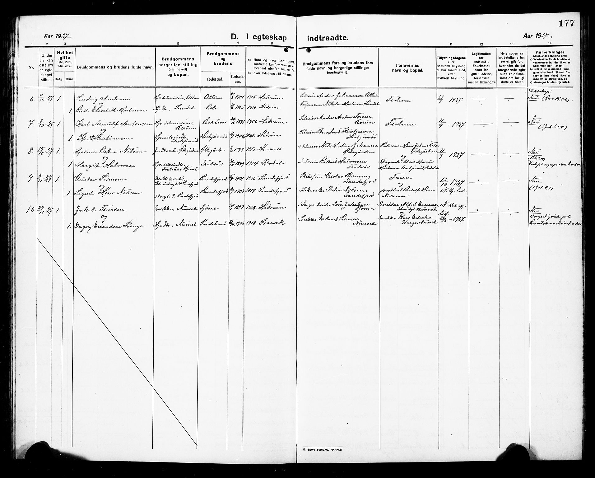 Hedrum kirkebøker, AV/SAKO-A-344/G/Ga/L0005: Parish register (copy) no. I 5, 1916-1930, p. 177