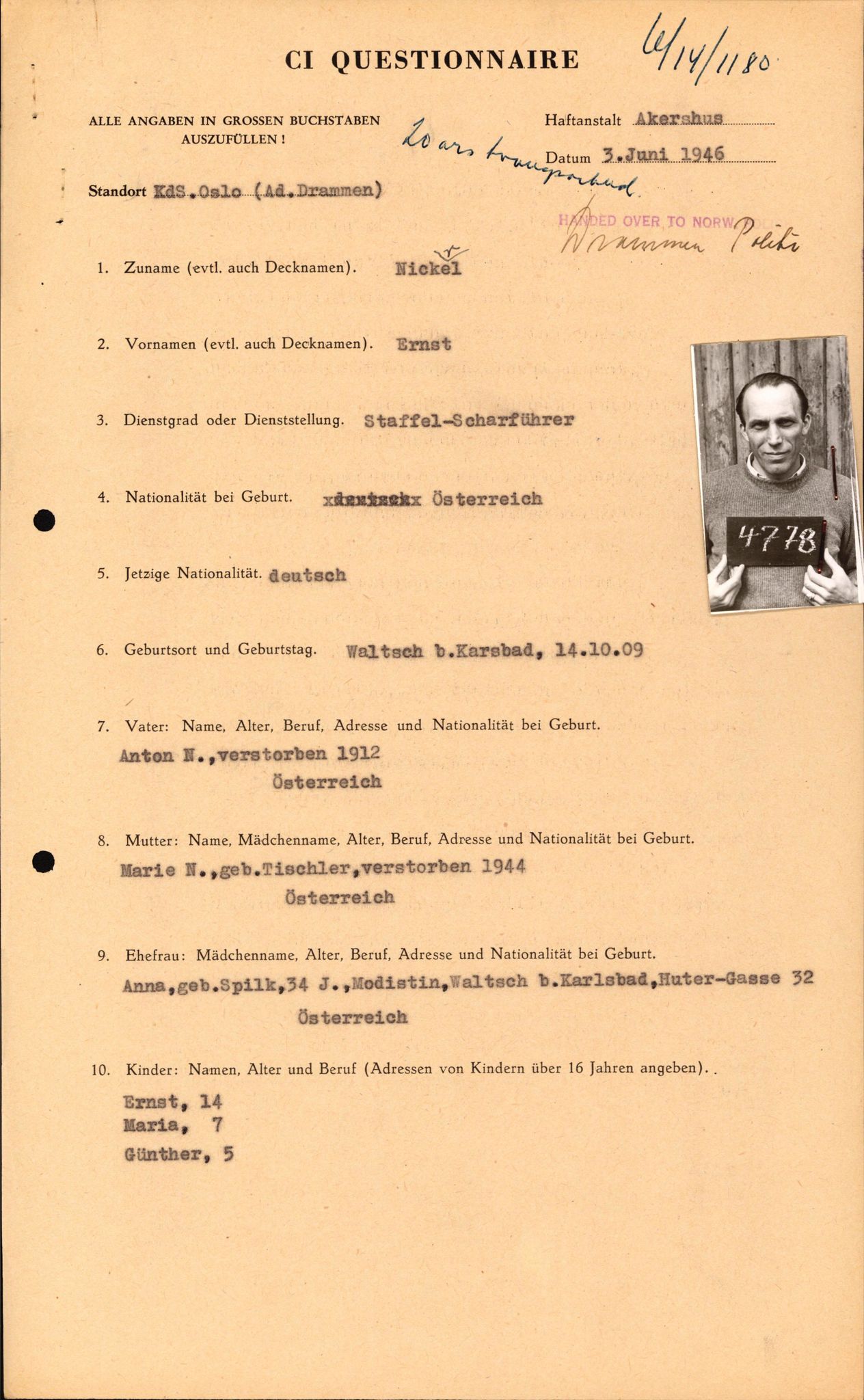 Forsvaret, Forsvarets overkommando II, AV/RA-RAFA-3915/D/Db/L0024: CI Questionaires. Tyske okkupasjonsstyrker i Norge. Tyskere., 1945-1946, p. 122