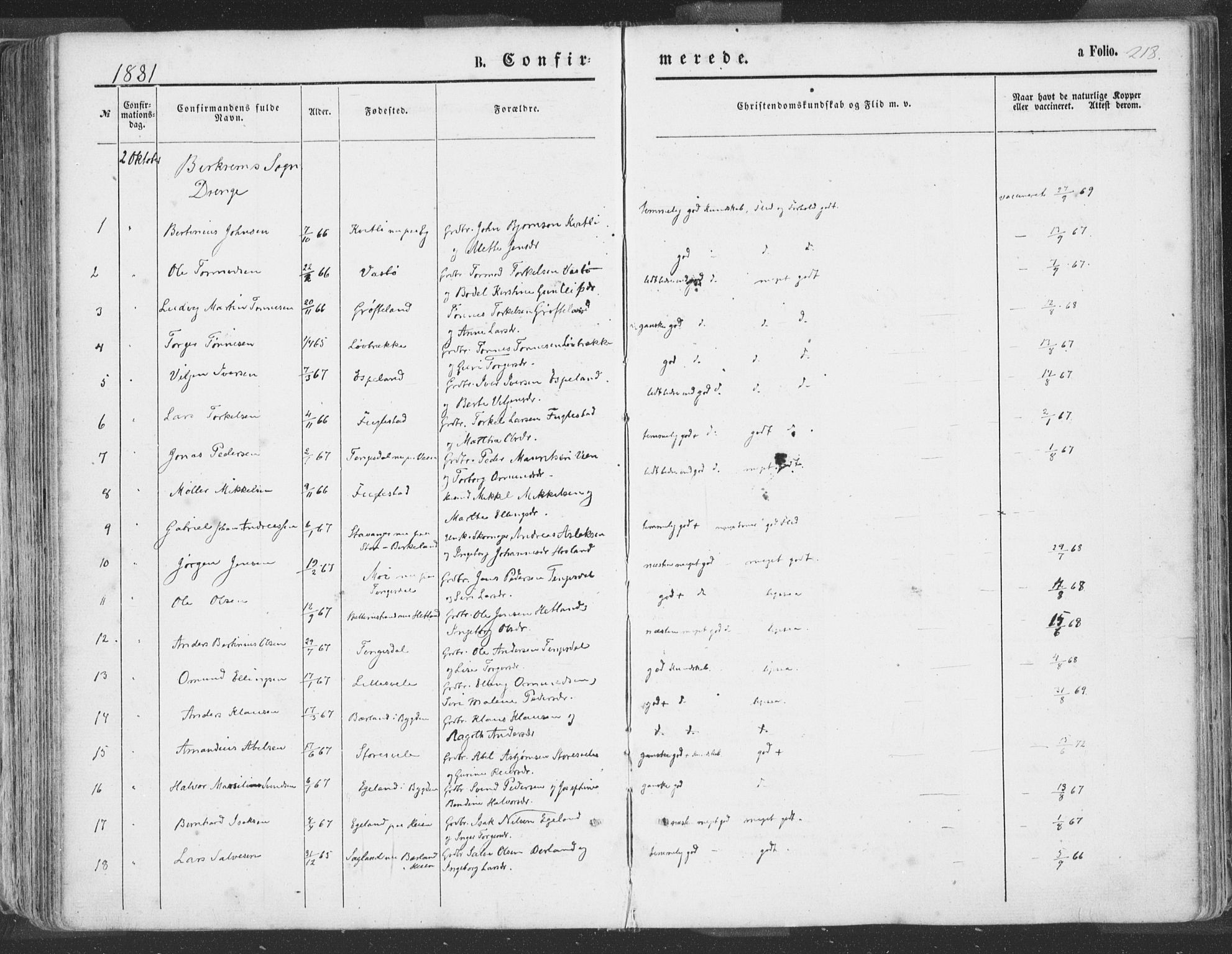 Helleland sokneprestkontor, SAST/A-101810: Parish register (official) no. A 7.1, 1863-1886, p. 218