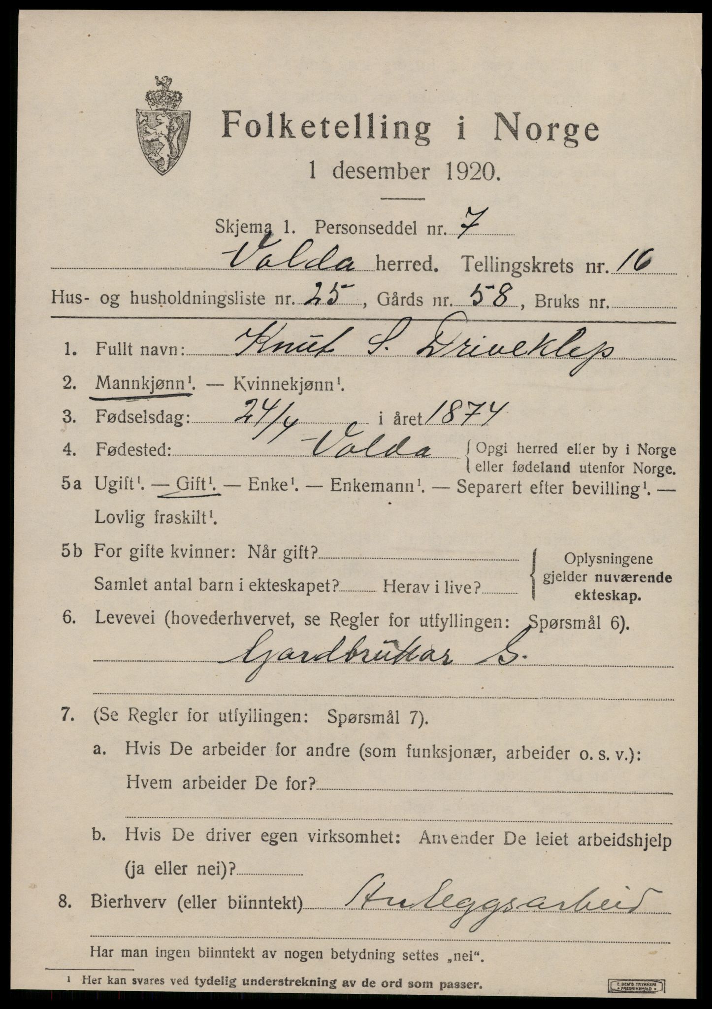 SAT, 1920 census for Volda, 1920, p. 9560