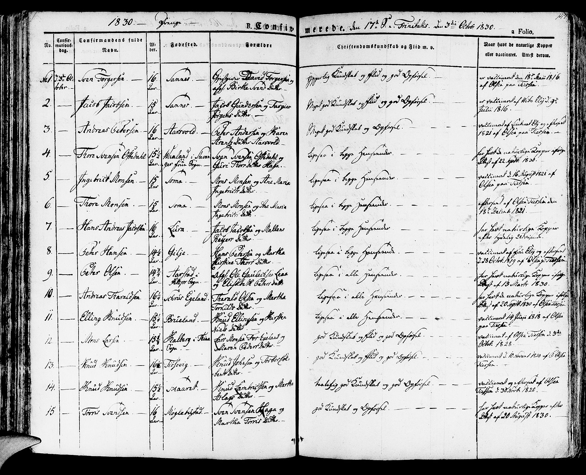 Høyland sokneprestkontor, SAST/A-101799/001/30BA/L0007: Parish register (official) no. A 7 /1, 1825-1841, p. 147