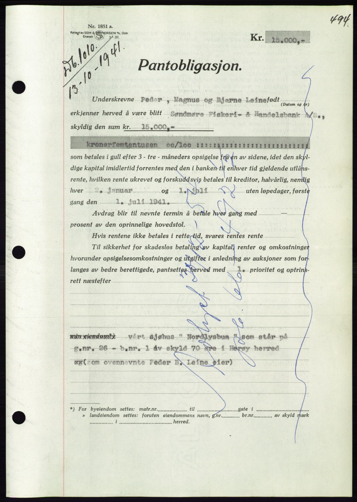 Søre Sunnmøre sorenskriveri, AV/SAT-A-4122/1/2/2C/L0071: Mortgage book no. 65, 1941-1941, Diary no: : 1010/1941