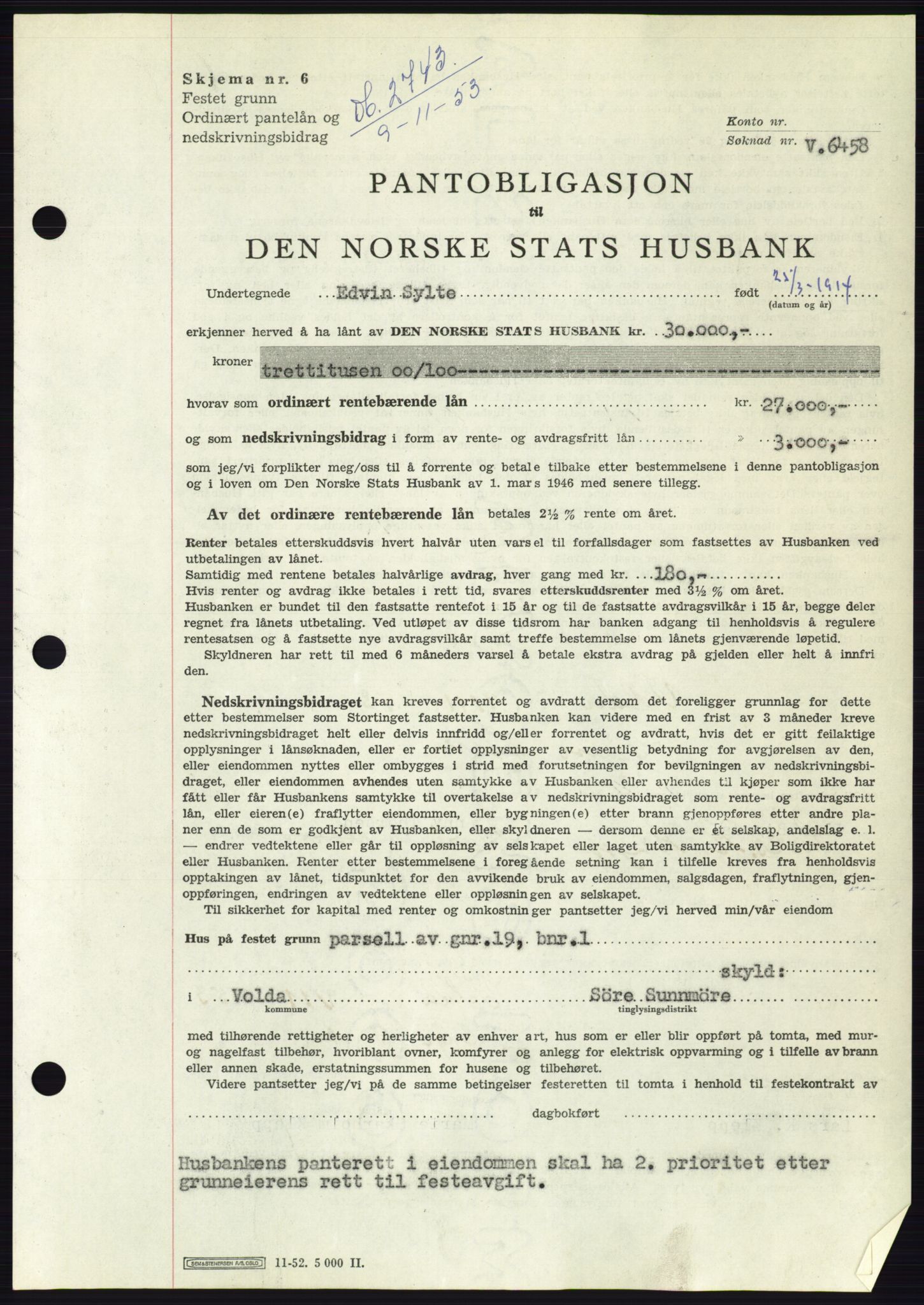 Søre Sunnmøre sorenskriveri, AV/SAT-A-4122/1/2/2C/L0124: Mortgage book no. 12B, 1953-1954, Diary no: : 2743/1953