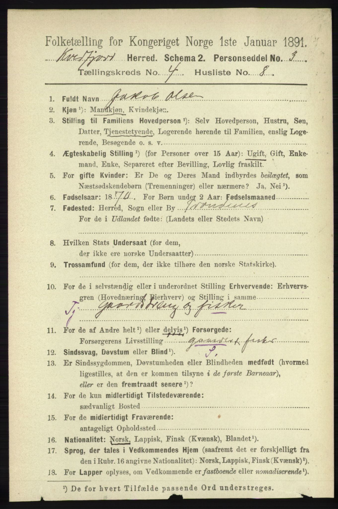 RA, 1891 census for 1911 Kvæfjord, 1891, p. 1934