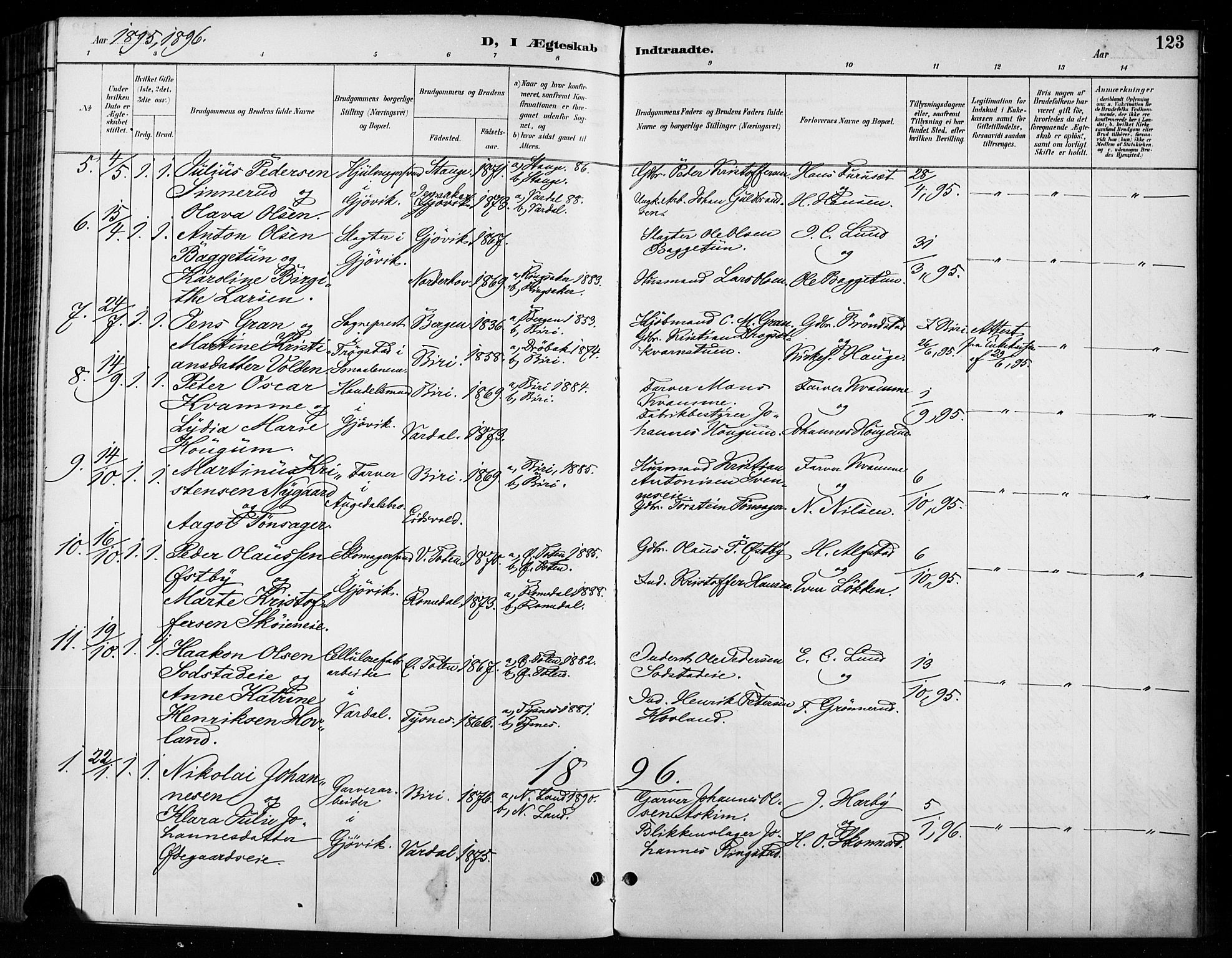 Vardal prestekontor, SAH/PREST-100/H/Ha/Haa/L0011: Parish register (official) no. 11, 1891-1901, p. 123