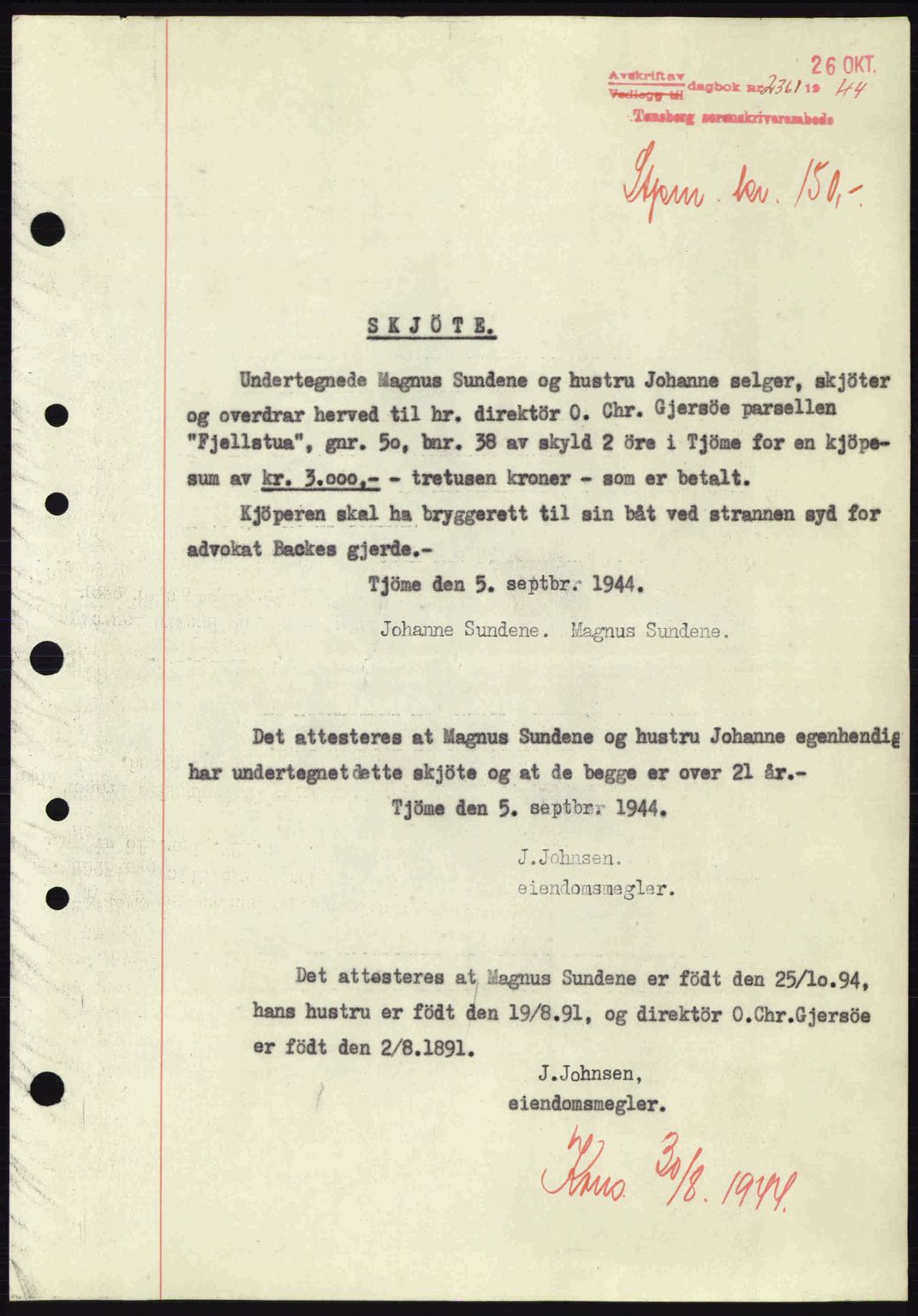 Tønsberg sorenskriveri, AV/SAKO-A-130/G/Ga/Gaa/L0016: Mortgage book no. A16, 1944-1945, Diary no: : 2361/1944