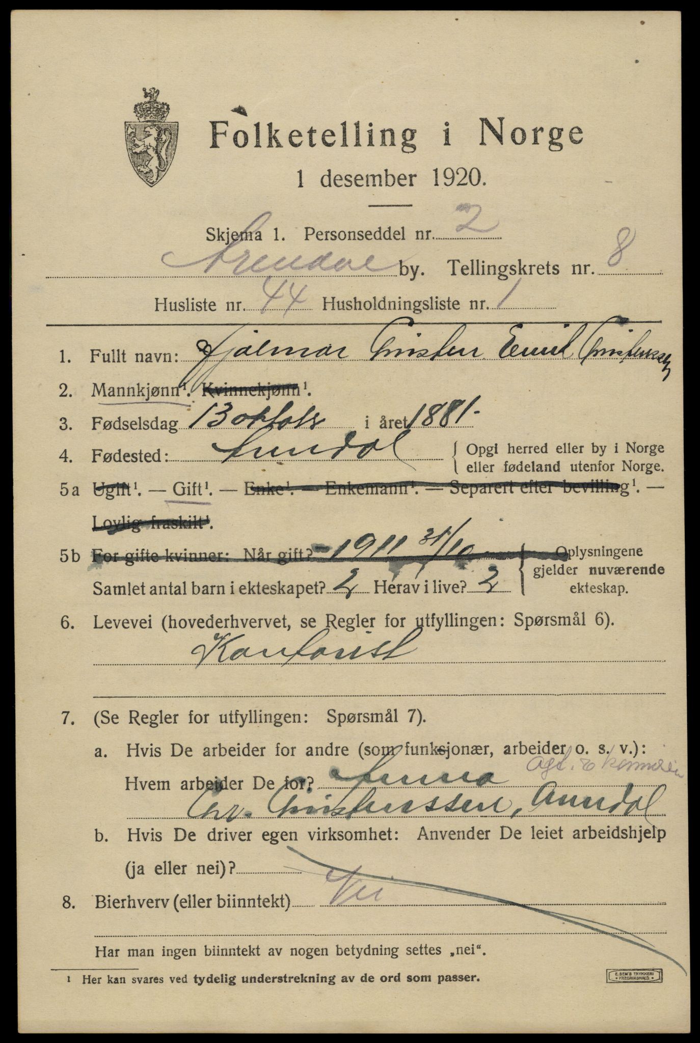 SAK, 1920 census for Arendal, 1920, p. 16046