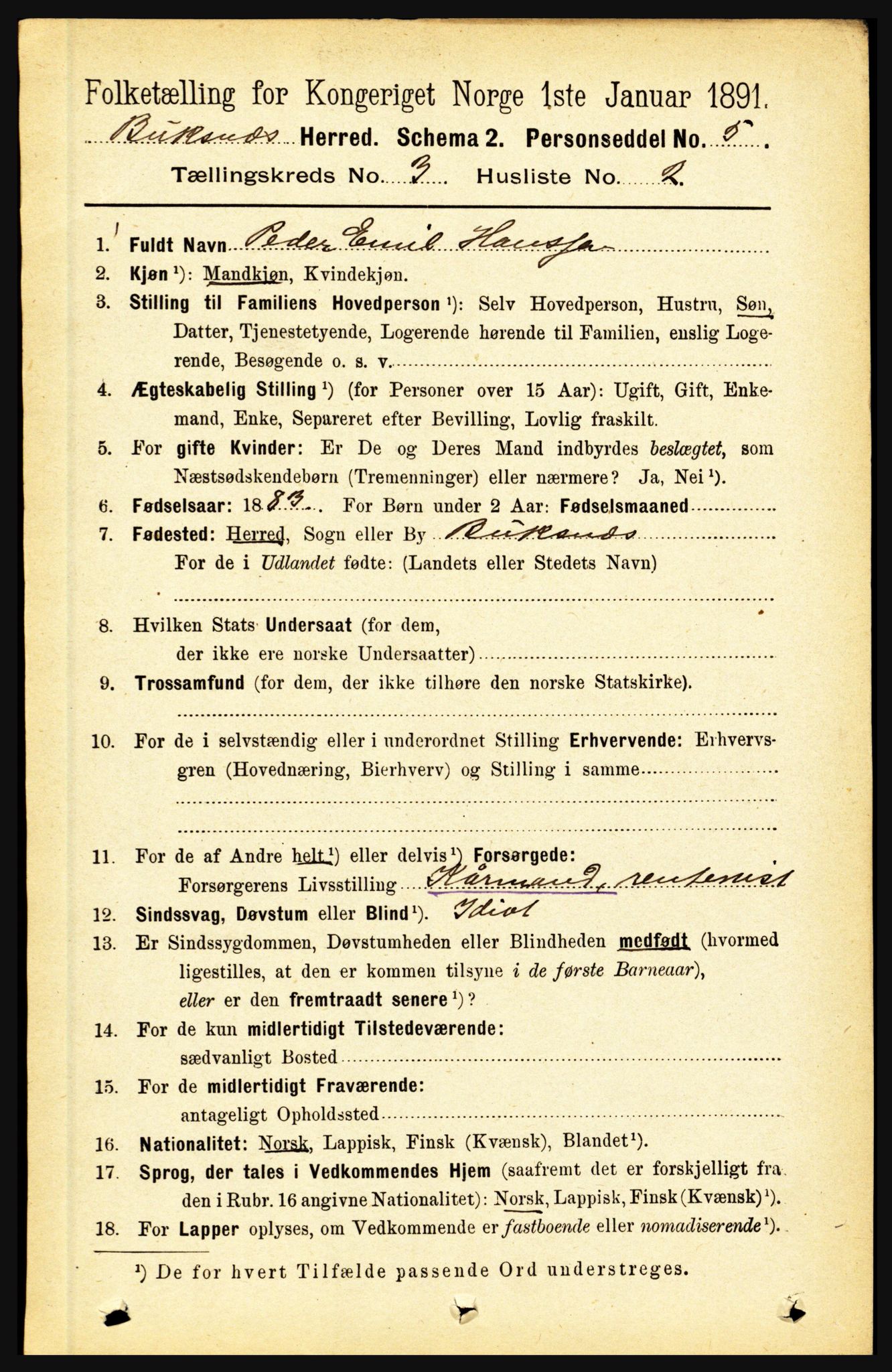 RA, 1891 census for 1860 Buksnes, 1891, p. 2215