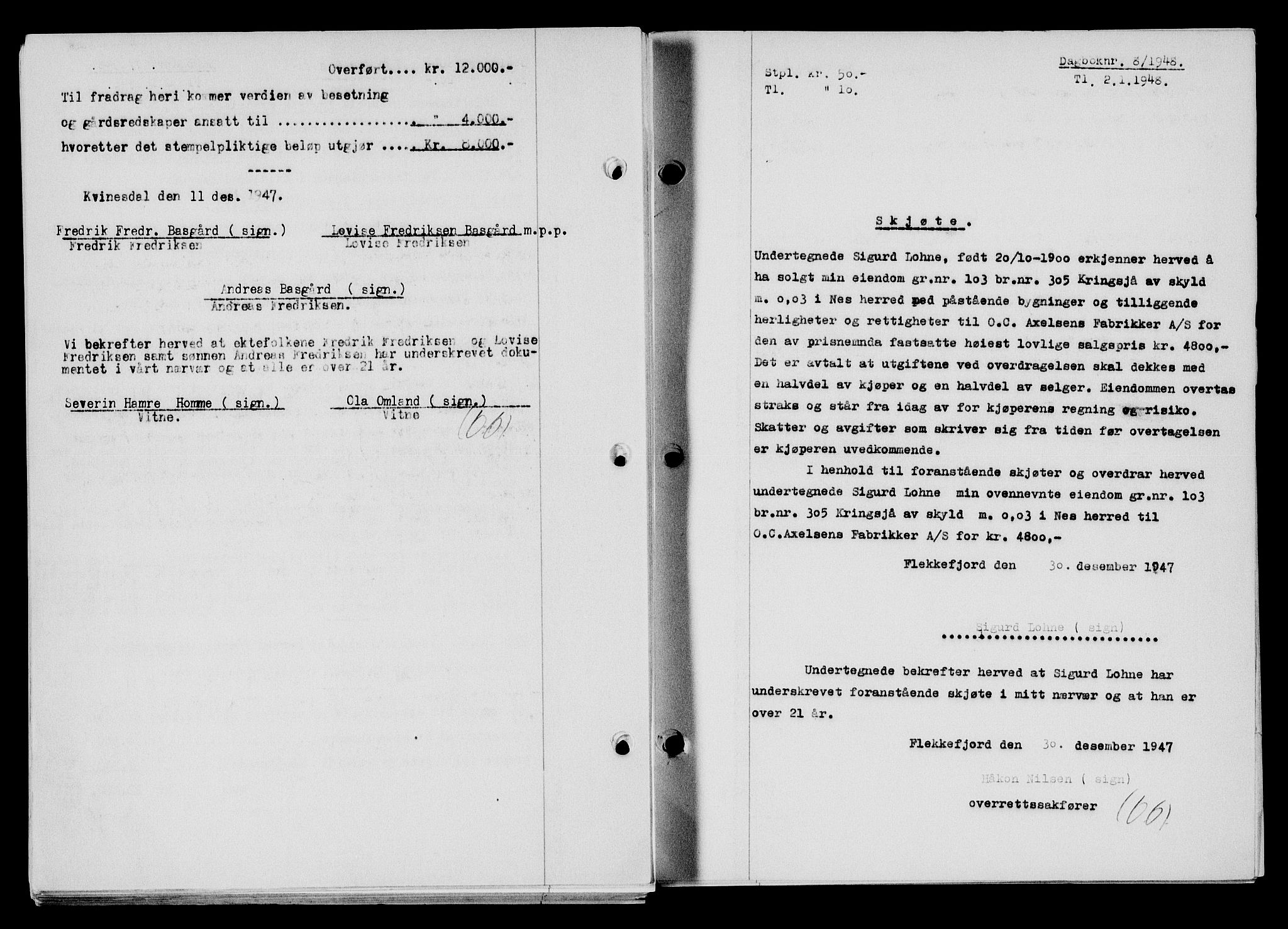 Flekkefjord sorenskriveri, AV/SAK-1221-0001/G/Gb/Gba/L0063: Mortgage book no. A-11, 1947-1948, Diary no: : 8/1948