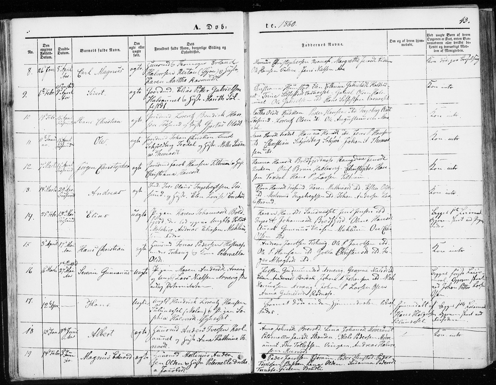 Ministerialprotokoller, klokkerbøker og fødselsregistre - Sør-Trøndelag, SAT/A-1456/655/L0677: Parish register (official) no. 655A06, 1847-1860, p. 43