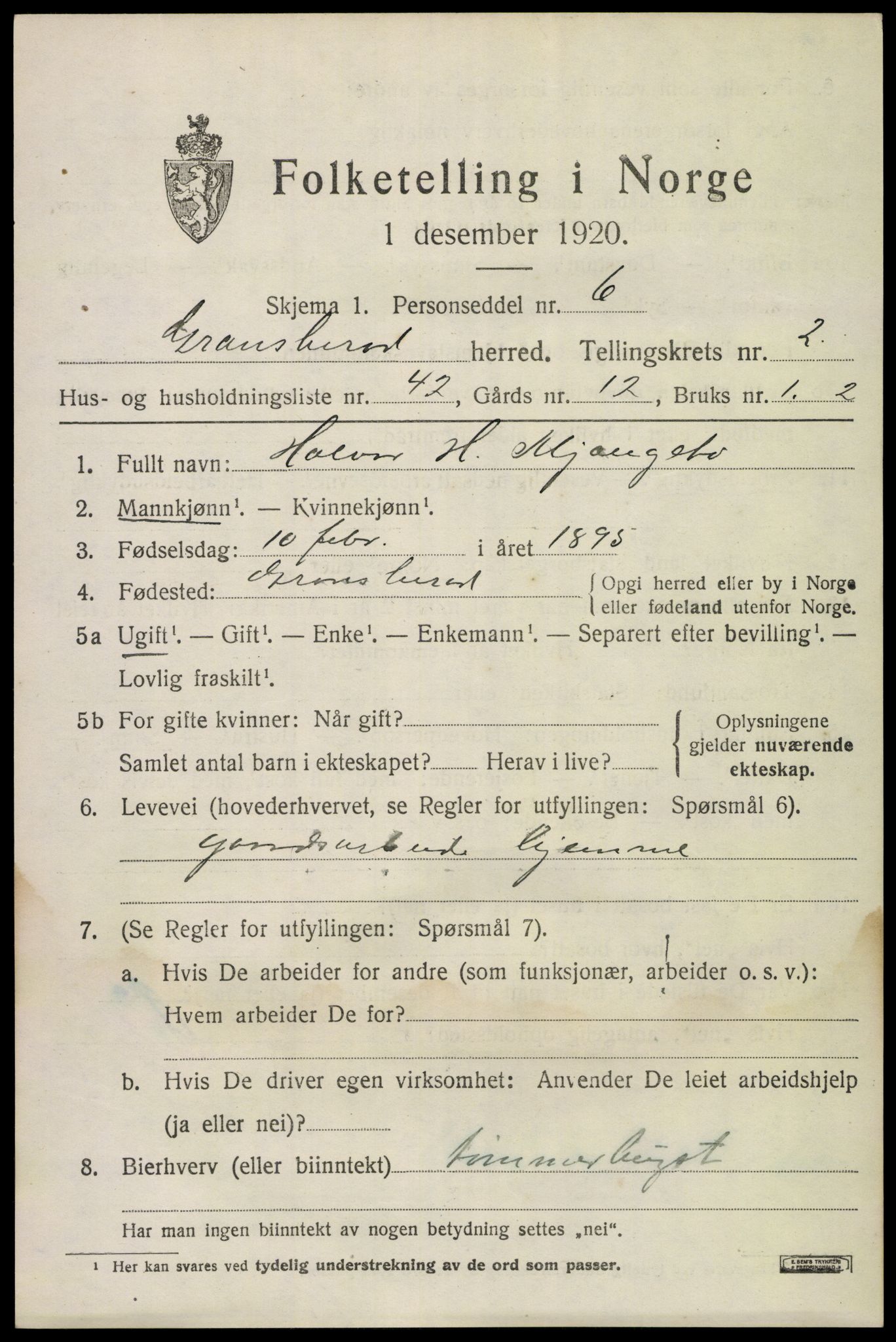 SAKO, 1920 census for Gransherad, 1920, p. 1402