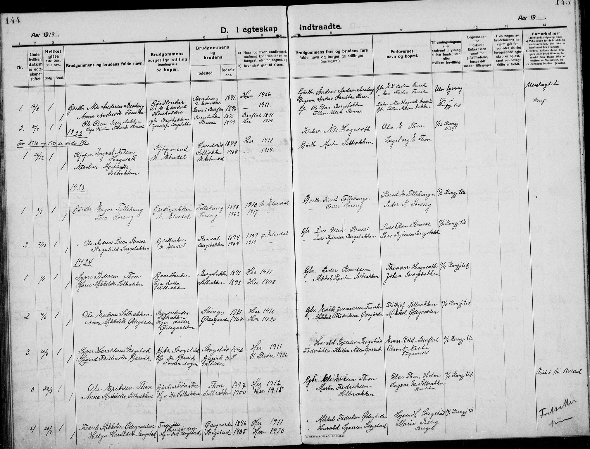 Etnedal prestekontor, SAH/PREST-130/H/Ha/Hab/Habb/L0002: Parish register (copy) no. II 2, 1912-1934, p. 144-145