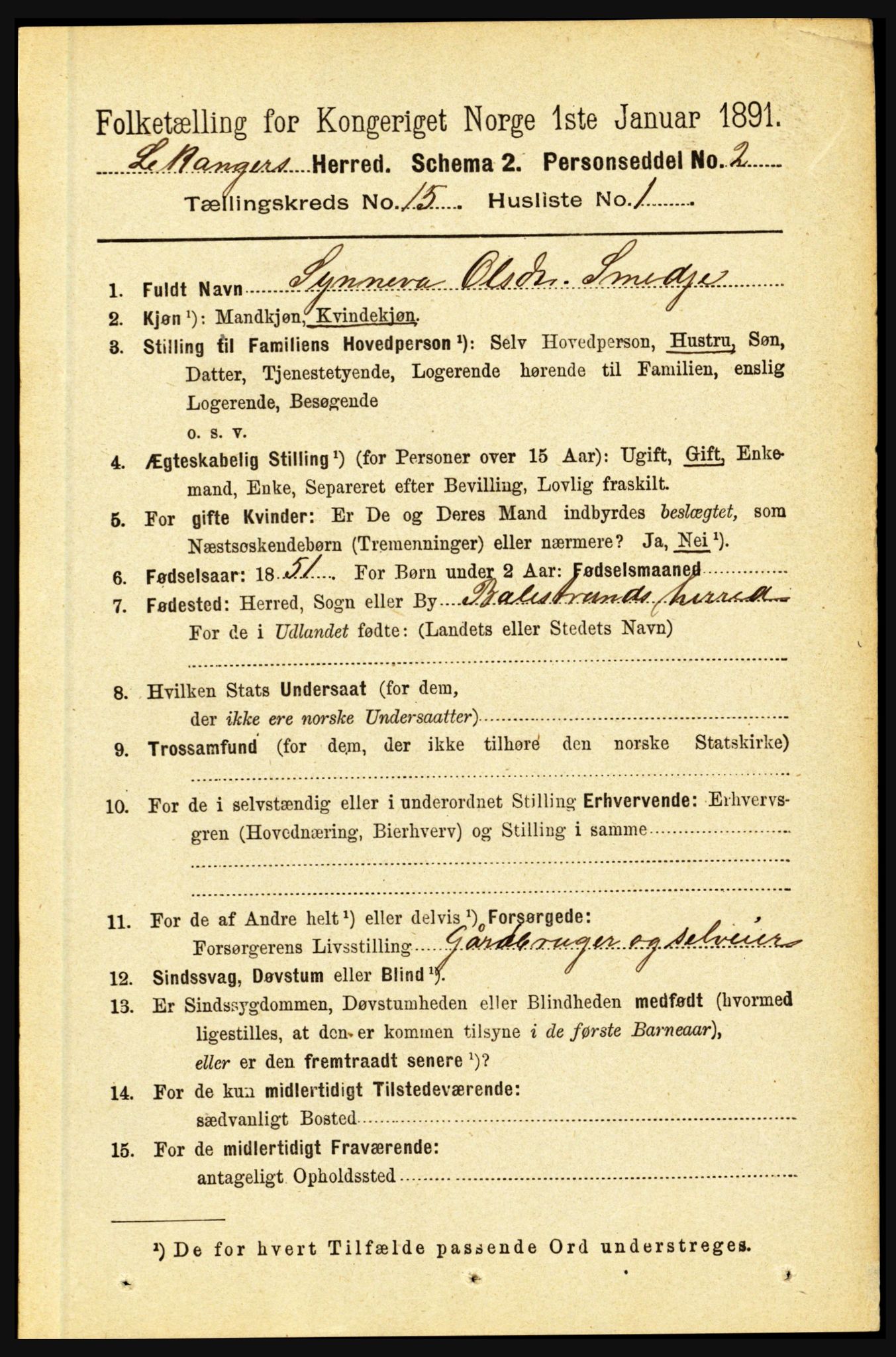 RA, 1891 census for 1419 Leikanger, 1891, p. 2844