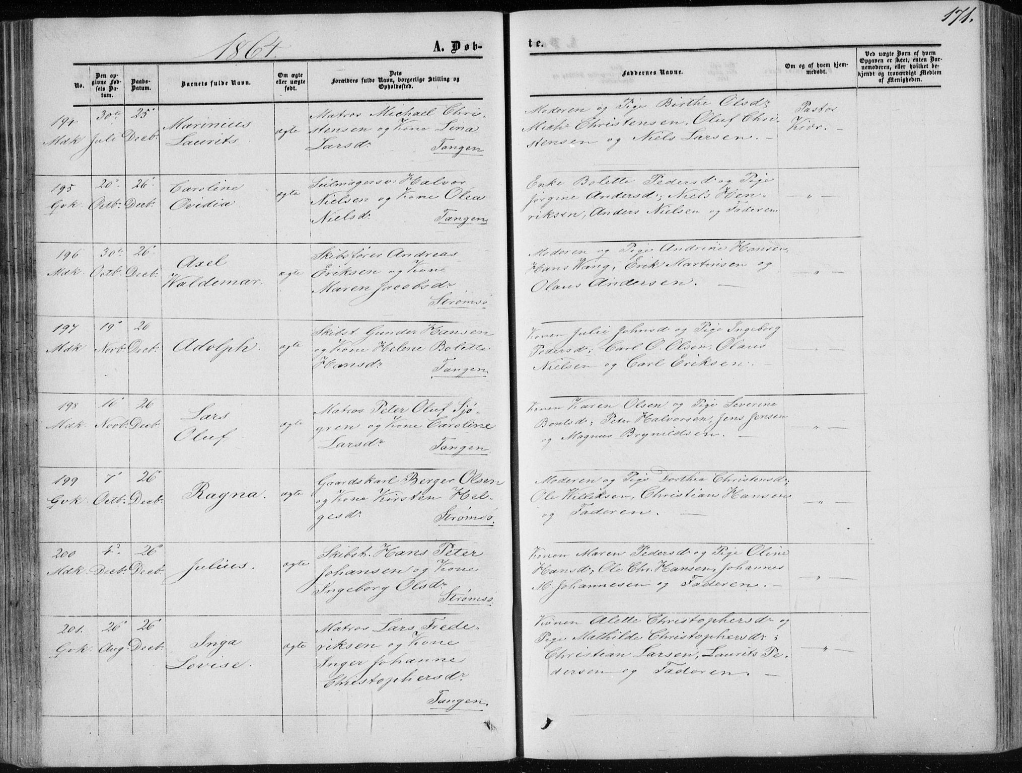 Strømsø kirkebøker, AV/SAKO-A-246/F/Fa/L0015: Parish register (official) no. I 15, 1859-1868, p. 171