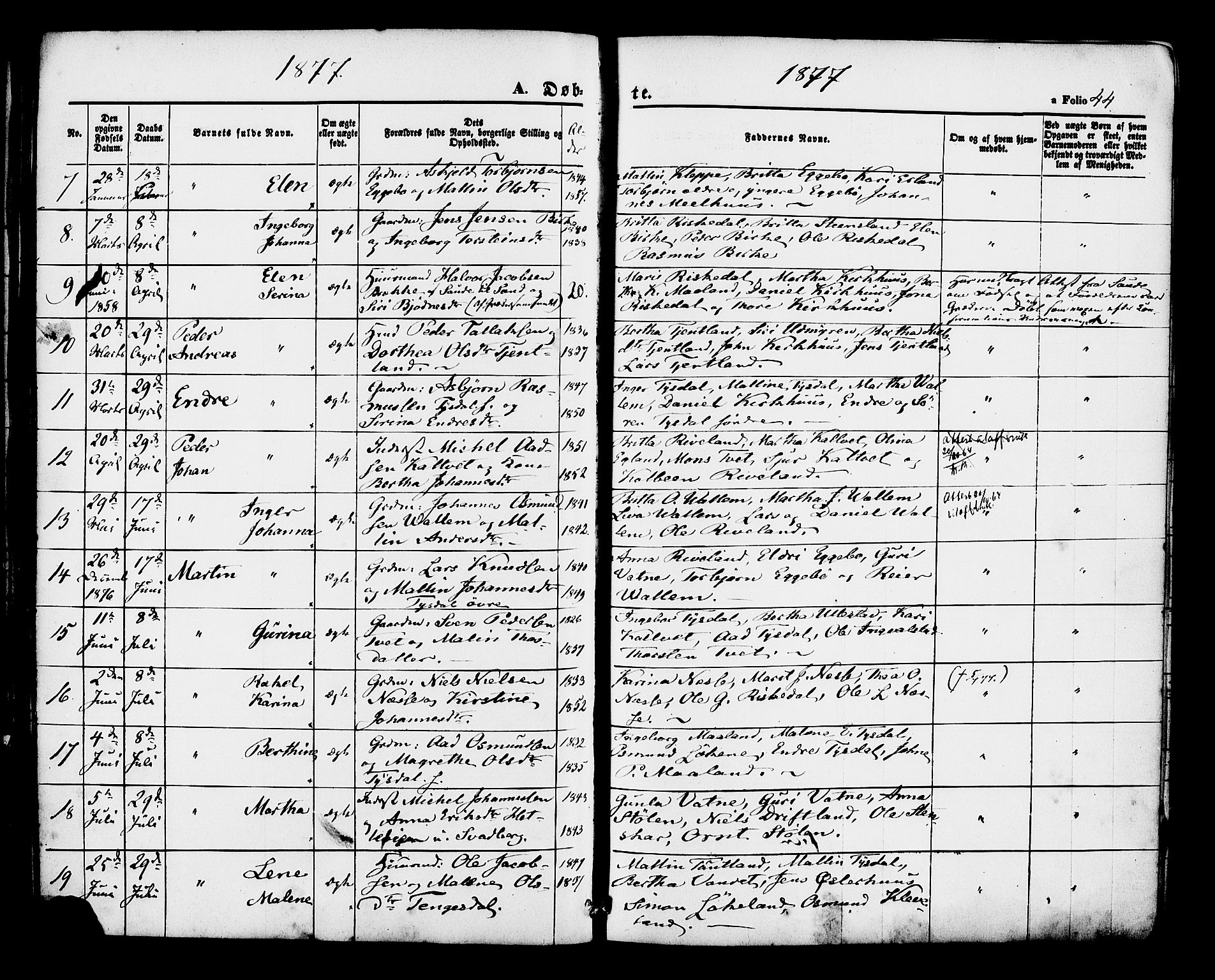 Hjelmeland sokneprestkontor, AV/SAST-A-101843/01/IV/L0012: Parish register (official) no. A 12, 1862-1886, p. 44