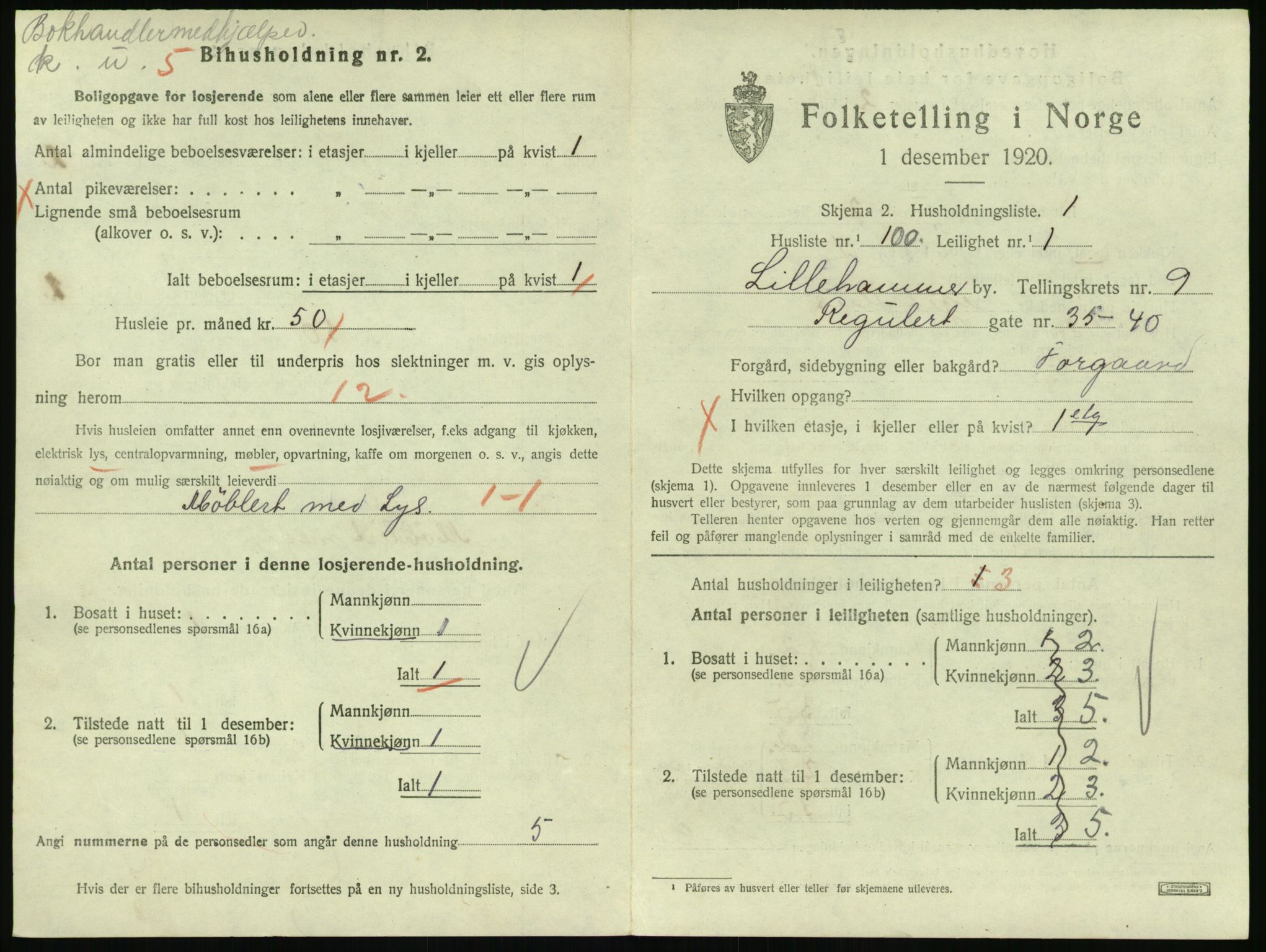 SAH, 1920 census for Lillehammer, 1920, p. 3416