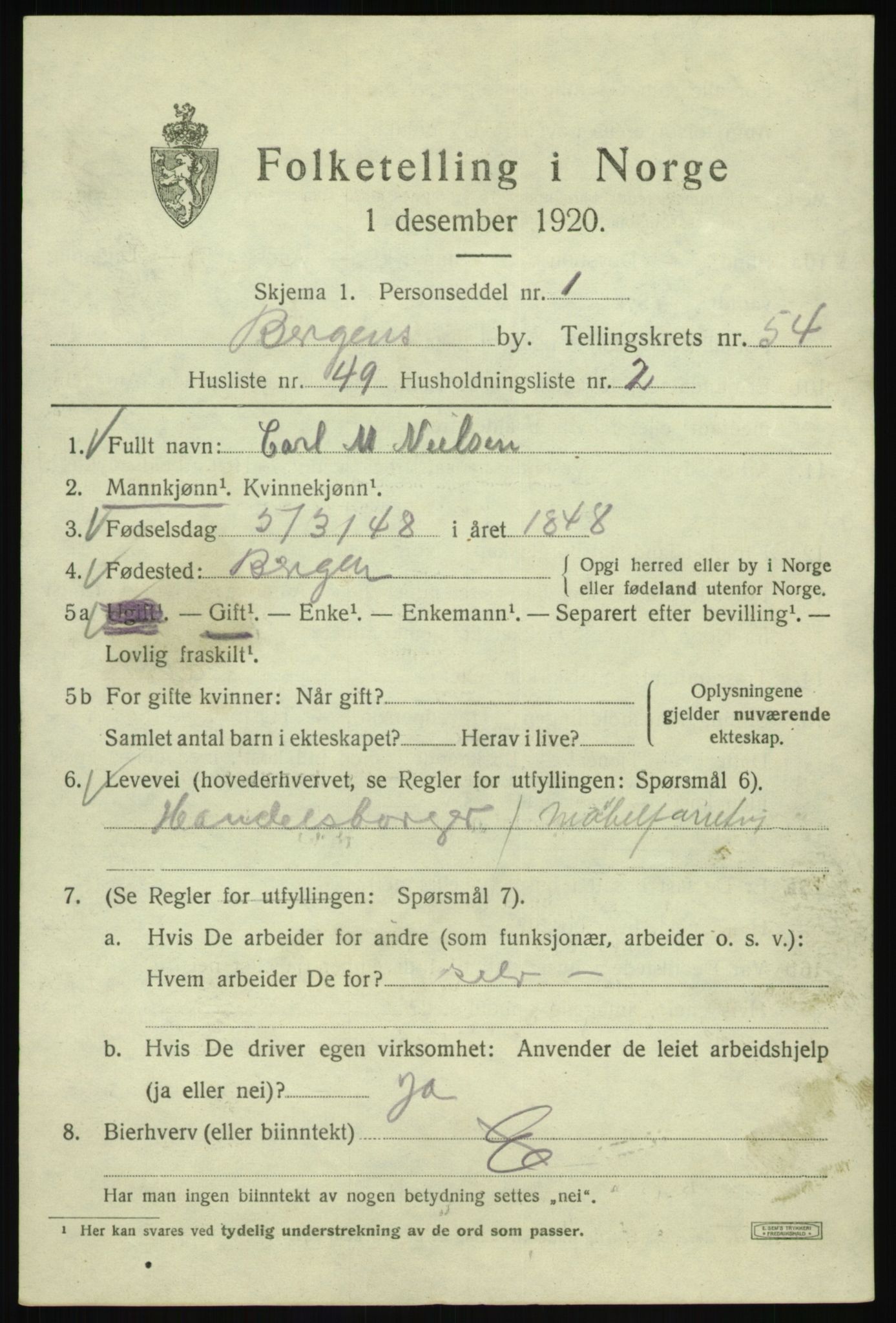 SAB, 1920 census for Bergen, 1920, p. 123697