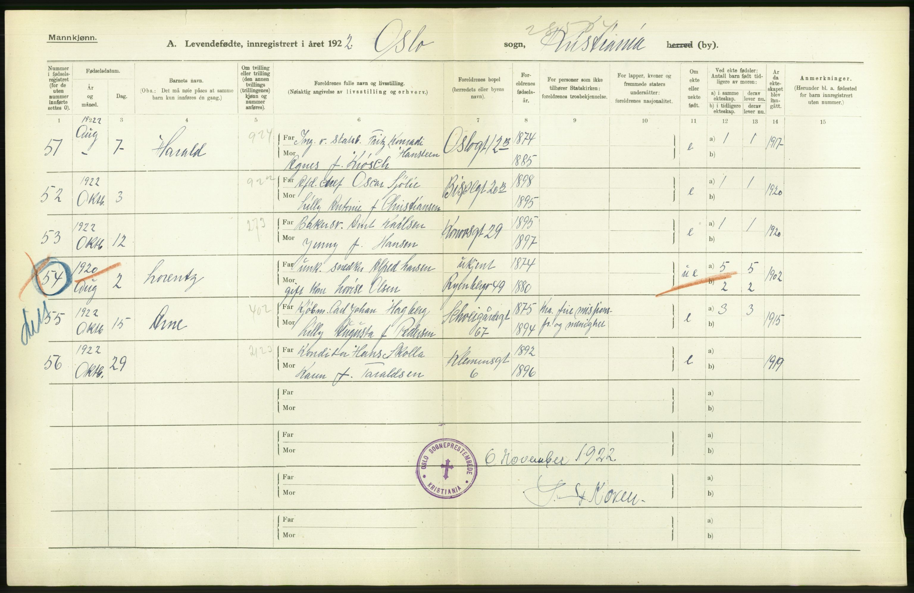 Statistisk sentralbyrå, Sosiodemografiske emner, Befolkning, AV/RA-S-2228/D/Df/Dfc/Dfcb/L0007: Kristiania: Levendefødte menn og kvinner., 1922, p. 20