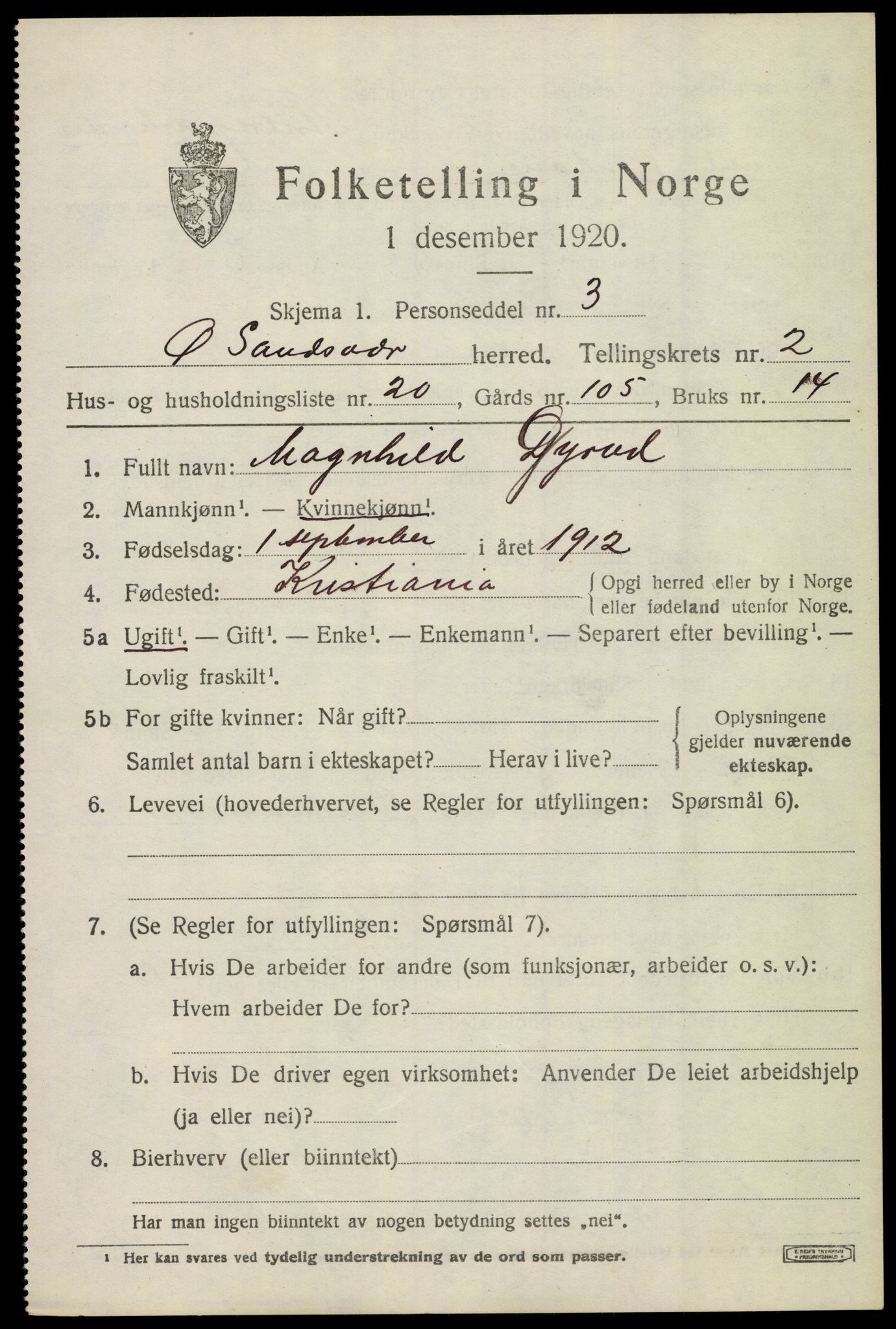 SAKO, 1920 census for Øvre Sandsvær, 1920, p. 1944