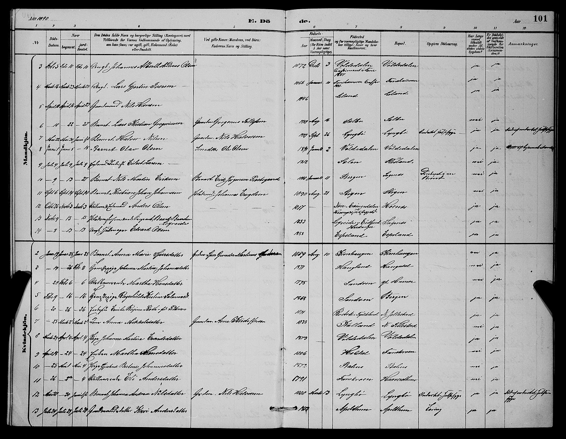 Fana Sokneprestembete, AV/SAB-A-75101/H/Hab/Haba/L0002: Parish register (copy) no. A 2, 1889-1895, p. 101