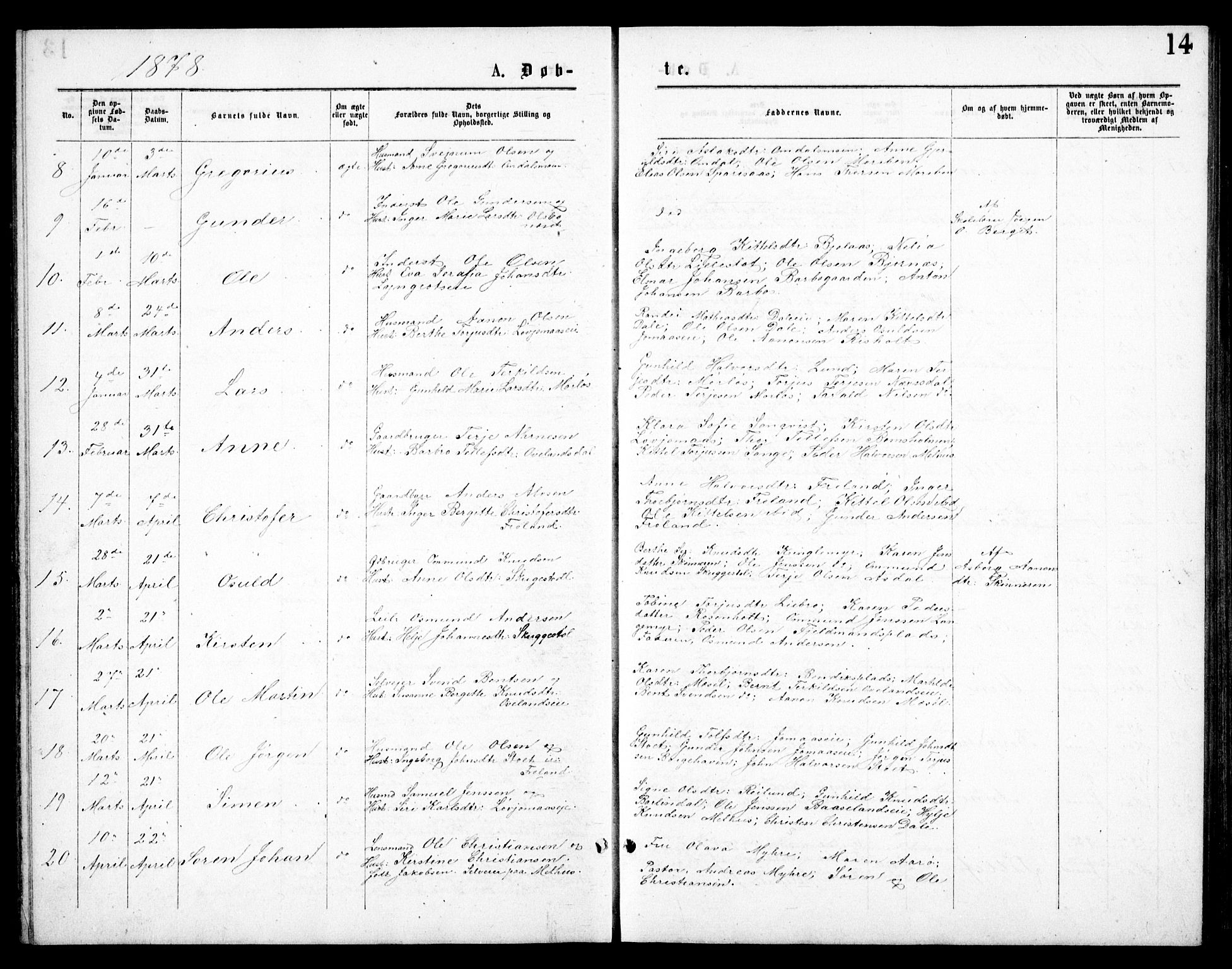 Froland sokneprestkontor, AV/SAK-1111-0013/F/Fb/L0009: Parish register (copy) no. B 9, 1875-1893, p. 14