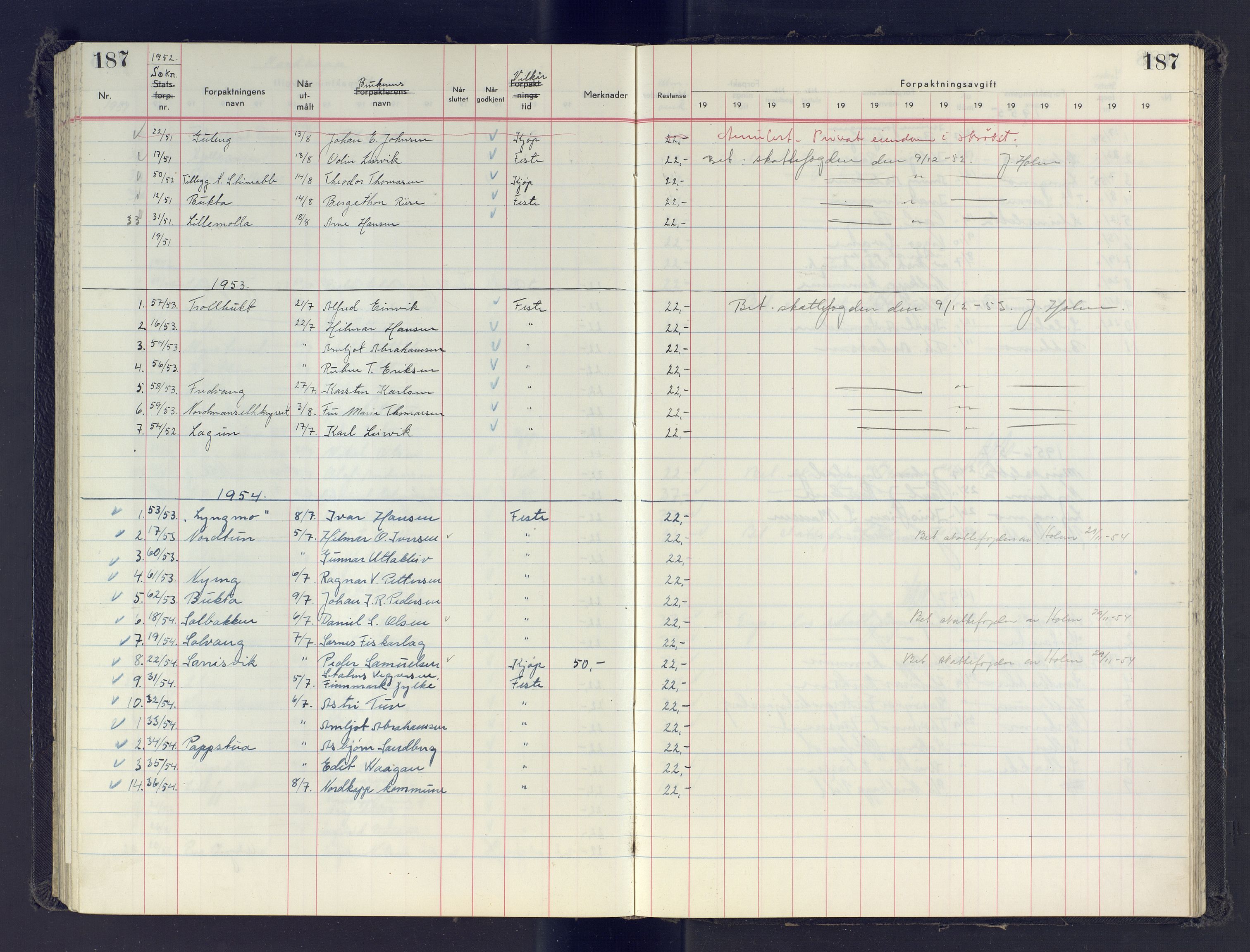 Finnmark jordsalgskommisjon/jordsalgskontor og Statskog SF Finnmark jordsalgskontor, AV/SATØ-S-1443/J/Jb/L0001: Protokoll for salg og forpaktning, 1948-1958, p. 187