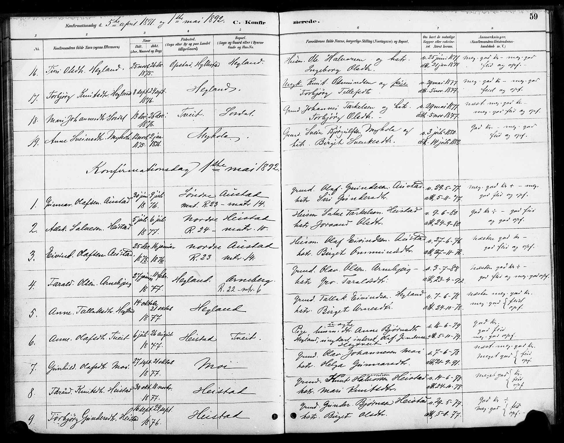 Bygland sokneprestkontor, SAK/1111-0006/F/Fa/Faa/L0001: Parish register (official) no. A 1, 1885-1908, p. 59