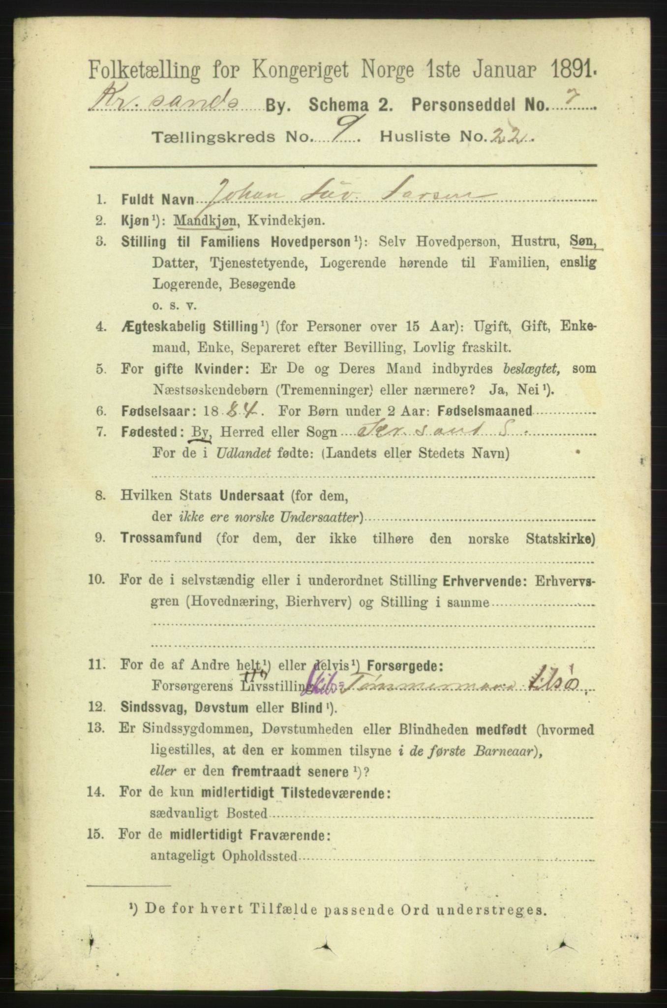 RA, 1891 census for 1001 Kristiansand, 1891, p. 5136