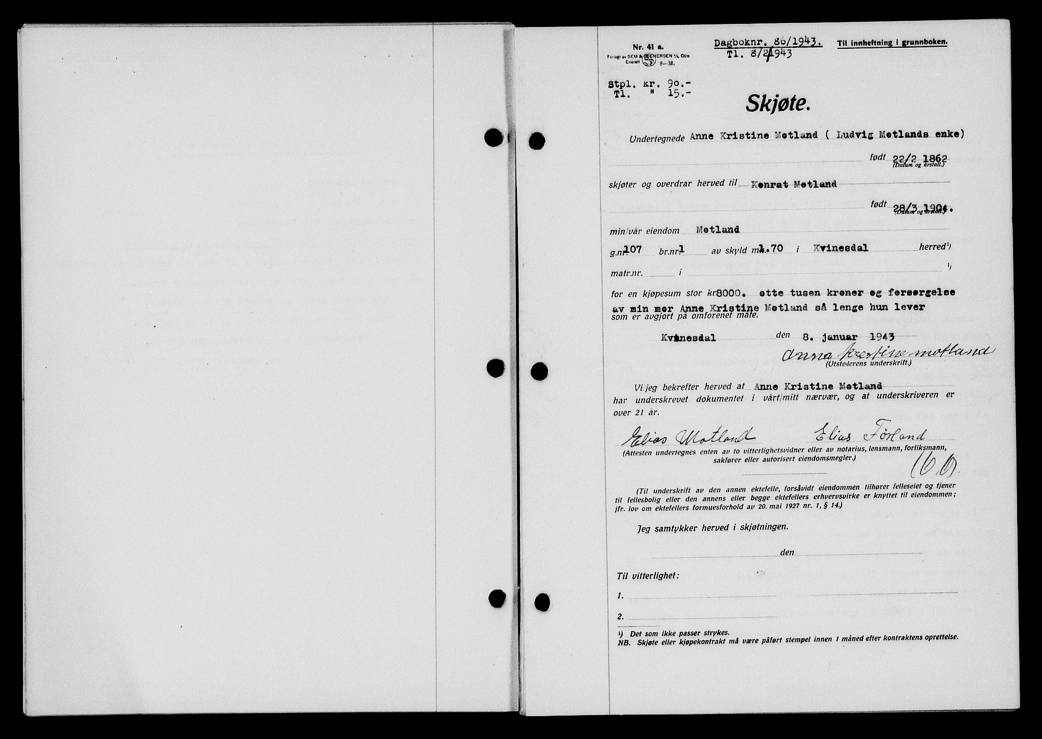 Flekkefjord sorenskriveri, SAK/1221-0001/G/Gb/Gba/L0058: Mortgage book no. A-6, 1942-1944, Diary no: : 86/1943