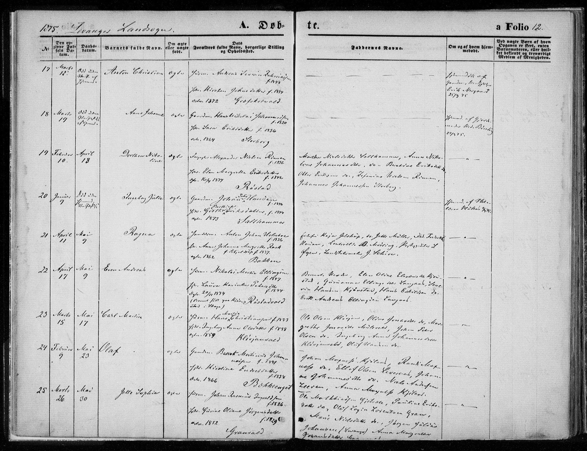 Ministerialprotokoller, klokkerbøker og fødselsregistre - Nord-Trøndelag, AV/SAT-A-1458/720/L0187: Parish register (official) no. 720A04 /2, 1875-1879, p. 12