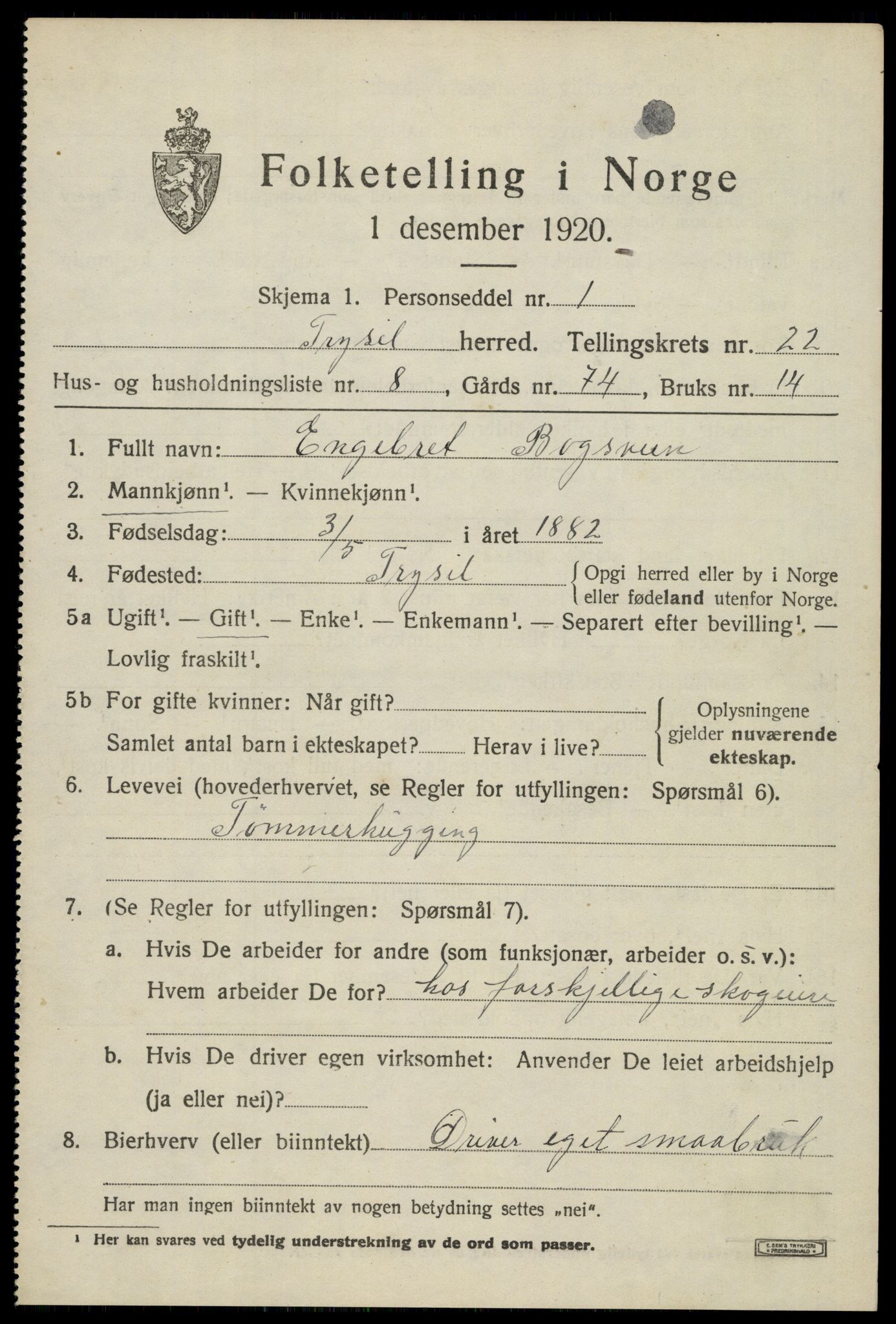 SAH, 1920 census for Trysil, 1920, p. 14645