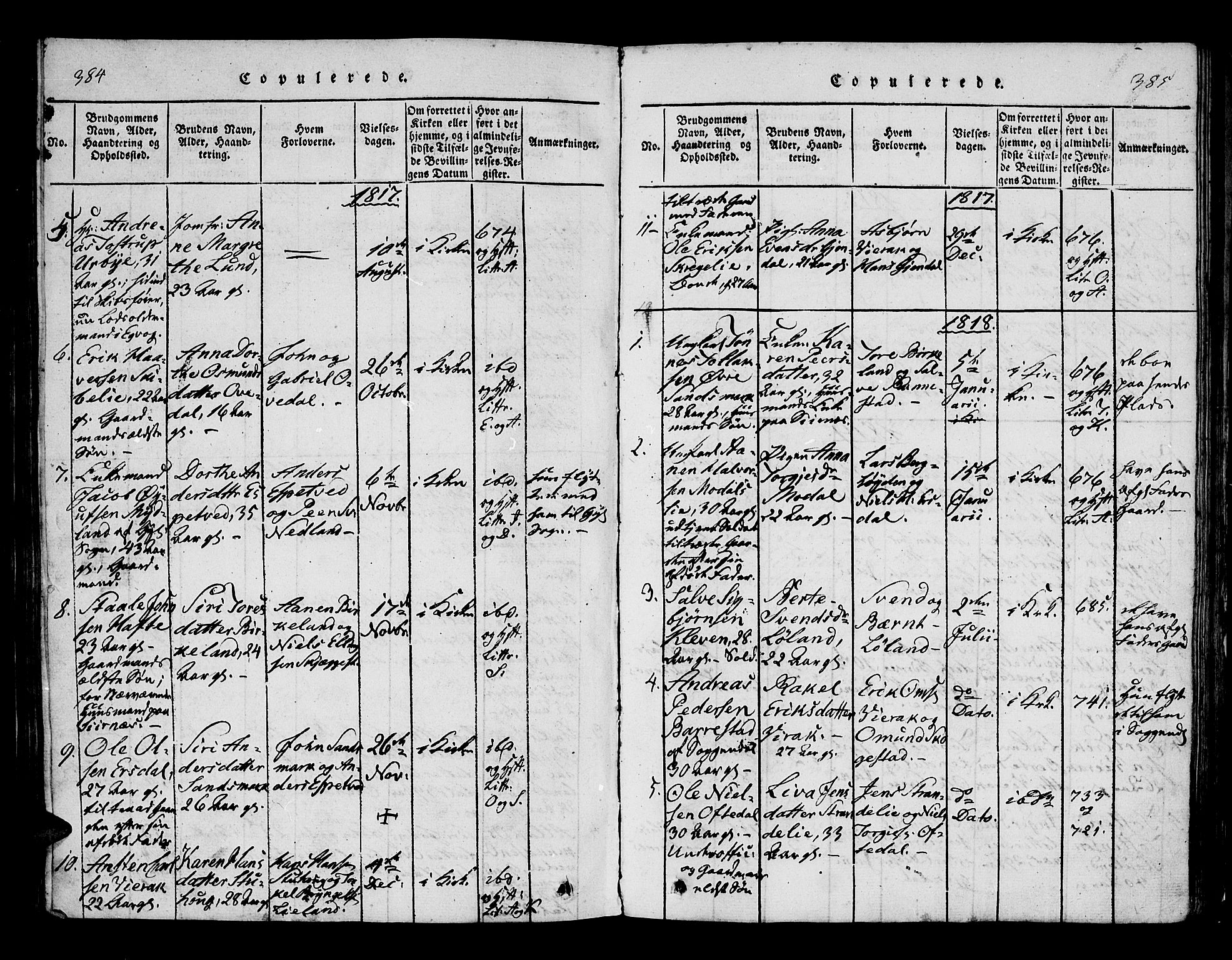 Bakke sokneprestkontor, SAK/1111-0002/F/Fa/Faa/L0003: Parish register (official) no. A 3, 1815-1835, p. 384-385