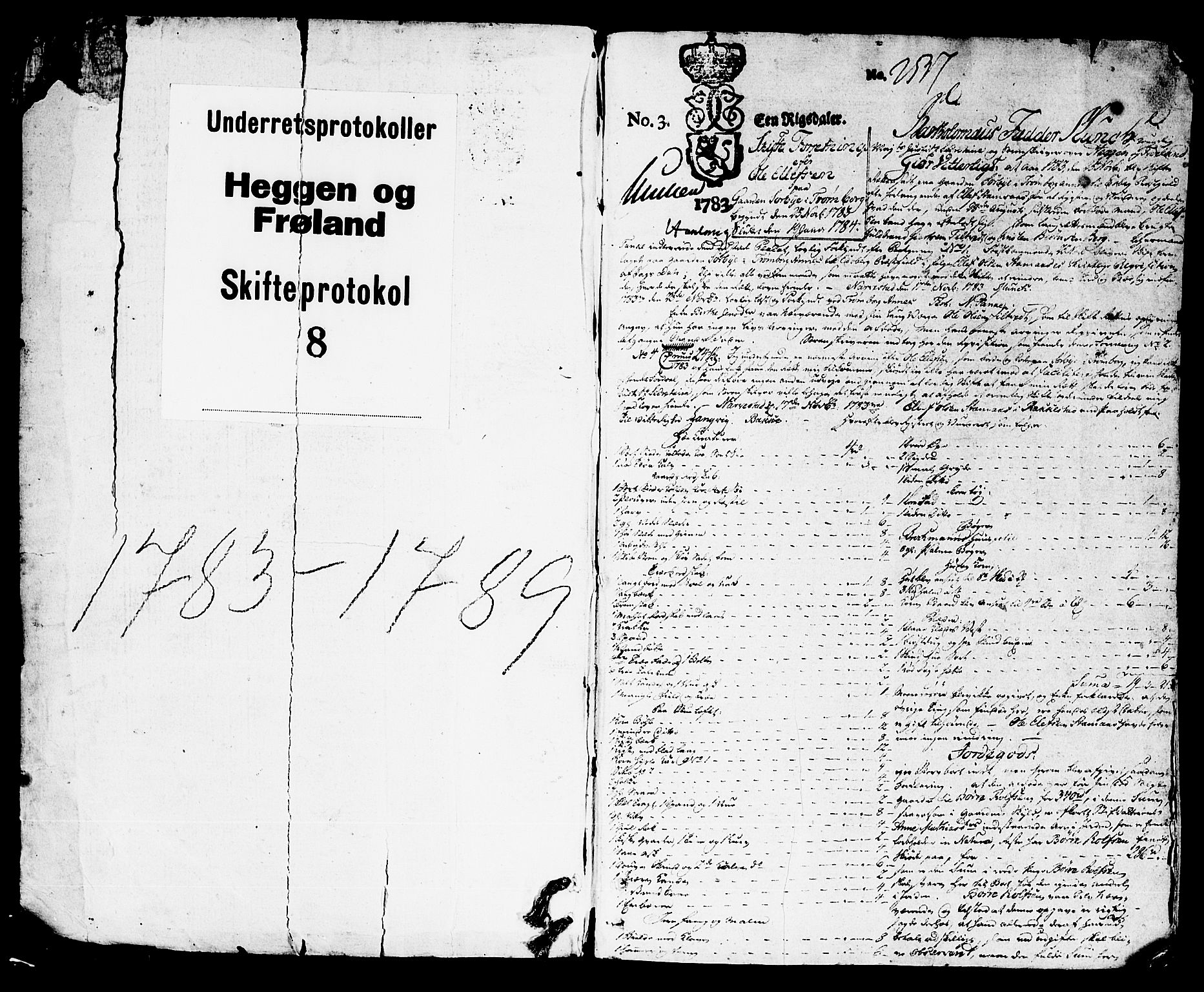 Heggen og Frøland sorenskriveri I, AV/SAO-A-11556/H/Hb/L0008: Skifteprotokoll, 1784-1789, p. 0-1